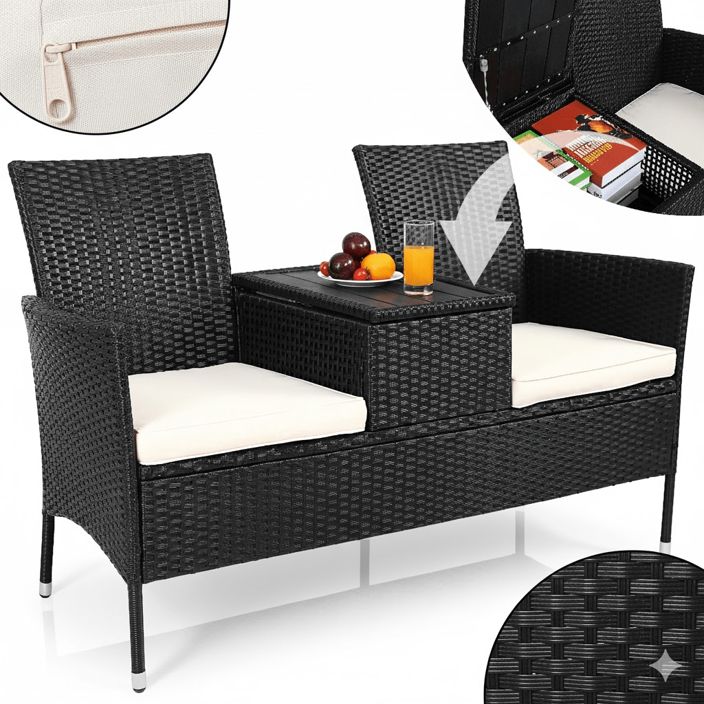 Image of Casaria® Garden Bench With Cushions, Weatherproof Poly Rattan, 320kg Load Capacity, Table Shelf, Uv-resistant, 2-seater, 143x64cm, Black, For Garden Or Balcony