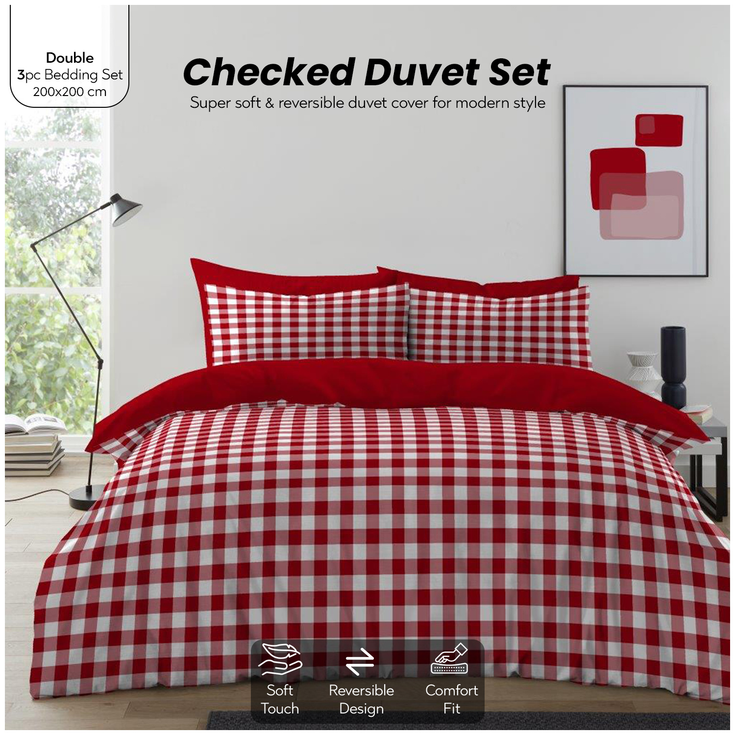 TEMU Gingham Moor Check Duvet Cover Set | Plain Reversible Microfibre Quilt Bedding With A Soft Lightweight Feel And Stylish Check Design | Matching