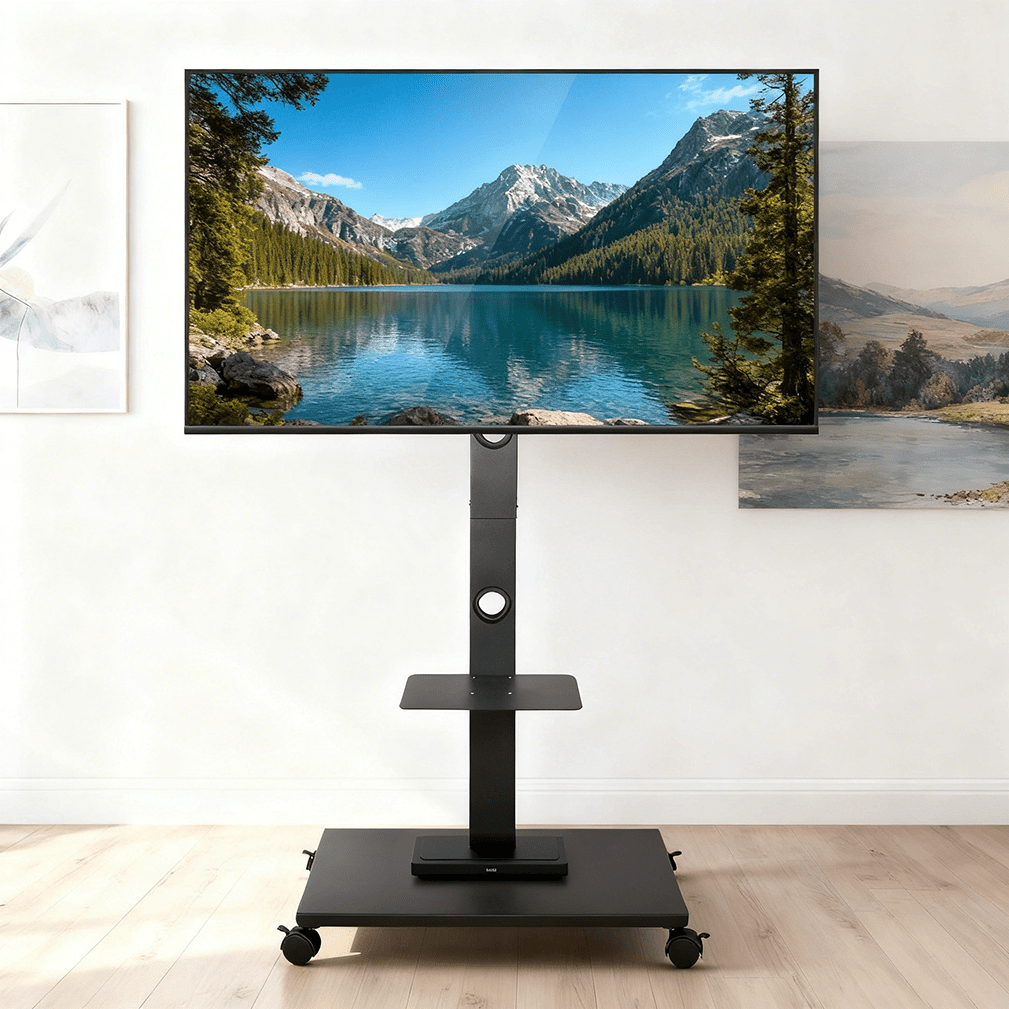 E-shop TV-Stand mit Rädern, Höhenverstellbarer Wohn-Aufstellwagen, Zwei Regale mit kostenlosem HD-Kabel für 32-65 Zoll Plasma/LCD/LED