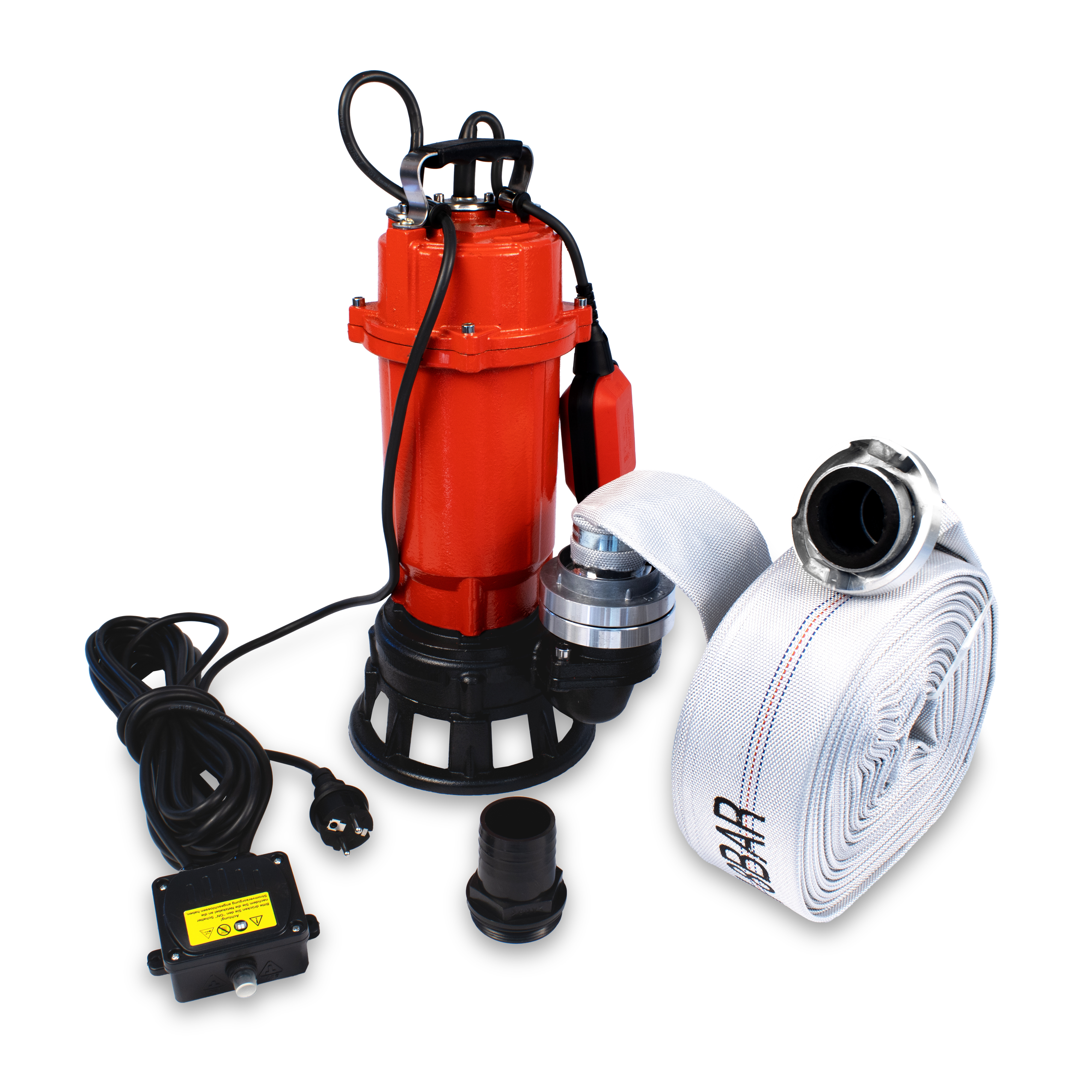 E-shop Fäkalienpumpe mit Häcksler und Schlauch, 1500 Watt mit und 30m Schlauch, Schwimmschalter, 15000 l/h, Kupplung, 50 mm Fremdkörper,
