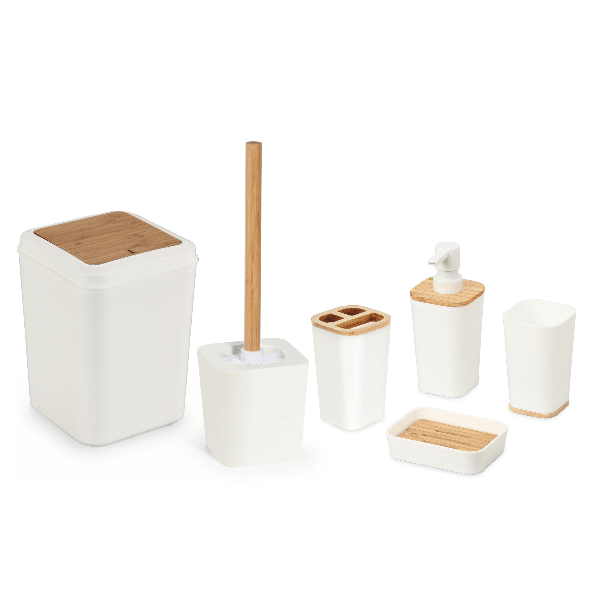 juego de baño de 6 piezas en bambú color crema   hg04463