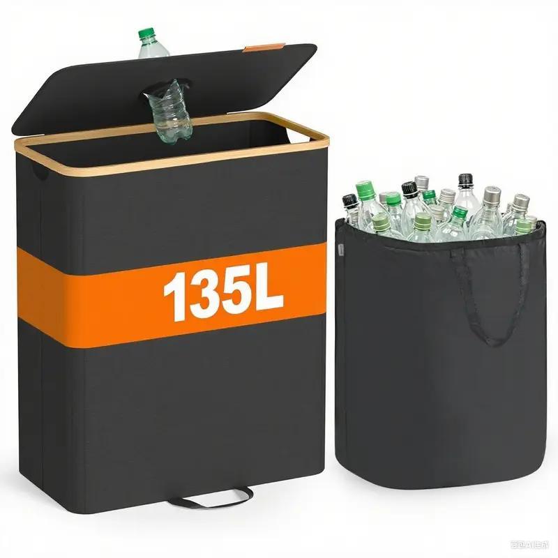E-shop Behälter, 135-Liter-Behälter, Leergut-Sammelbehälter, Recycling-Behälter, mit Loch, Deckel, Innensack mit Griffen, Küchenzubehör