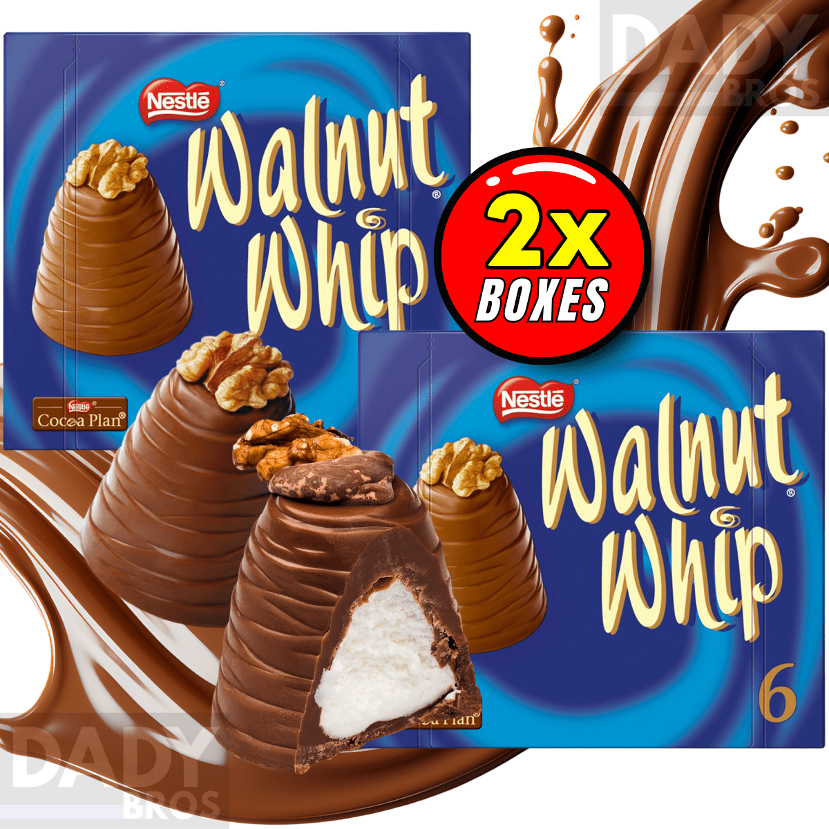   walnut whips 2 x 6 pack     with crunchy walnut topping soft fondant centre premium easter chocolate   pack