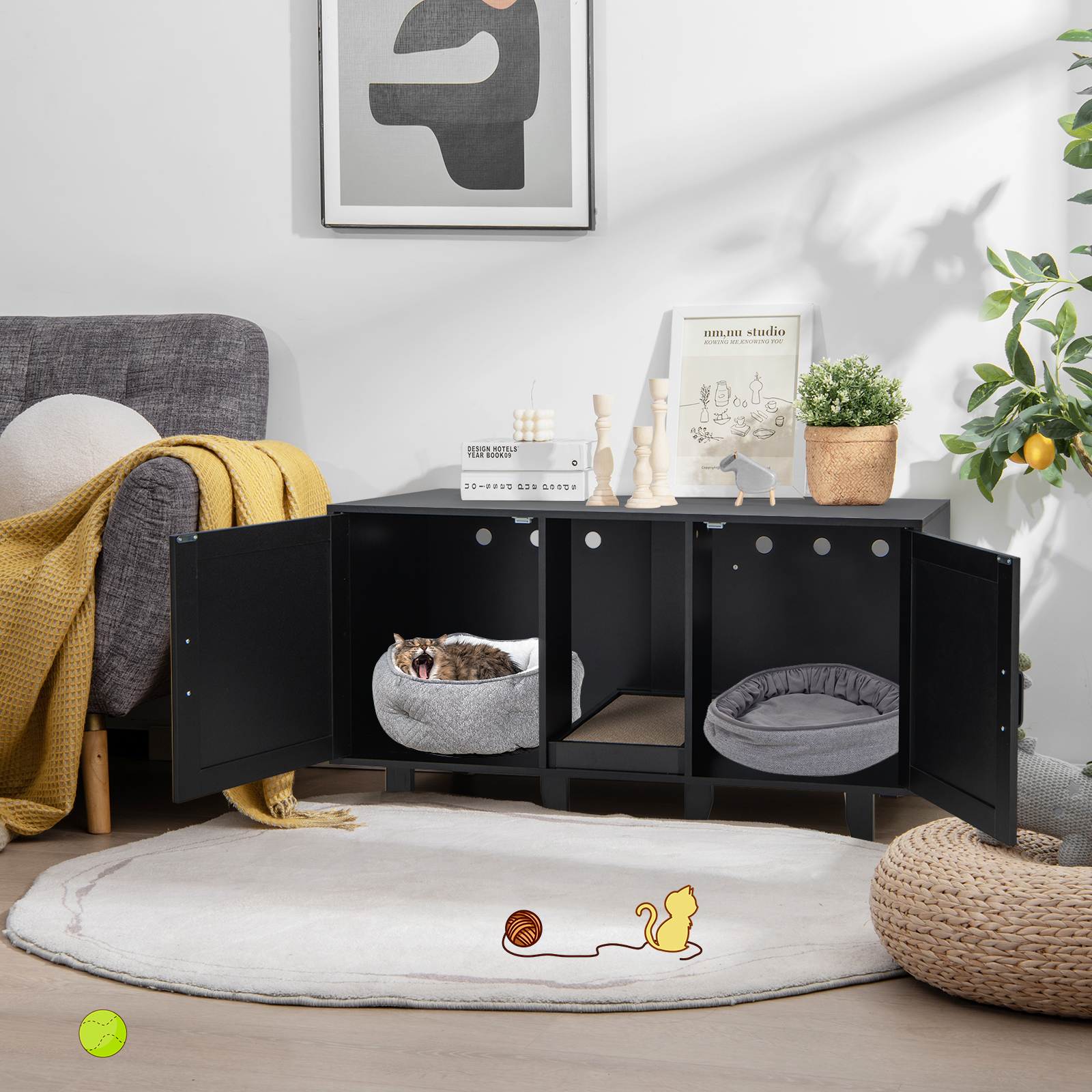 Cat Litter Box Enclosure, Hidden Cat Washroom W/3 Compartments & 2 Doors, Winding Entry, Removable Scratching Board, Tv Stand End Table Cabinet For Indoor Cat, 120 X 52 Cm (l X W X H)