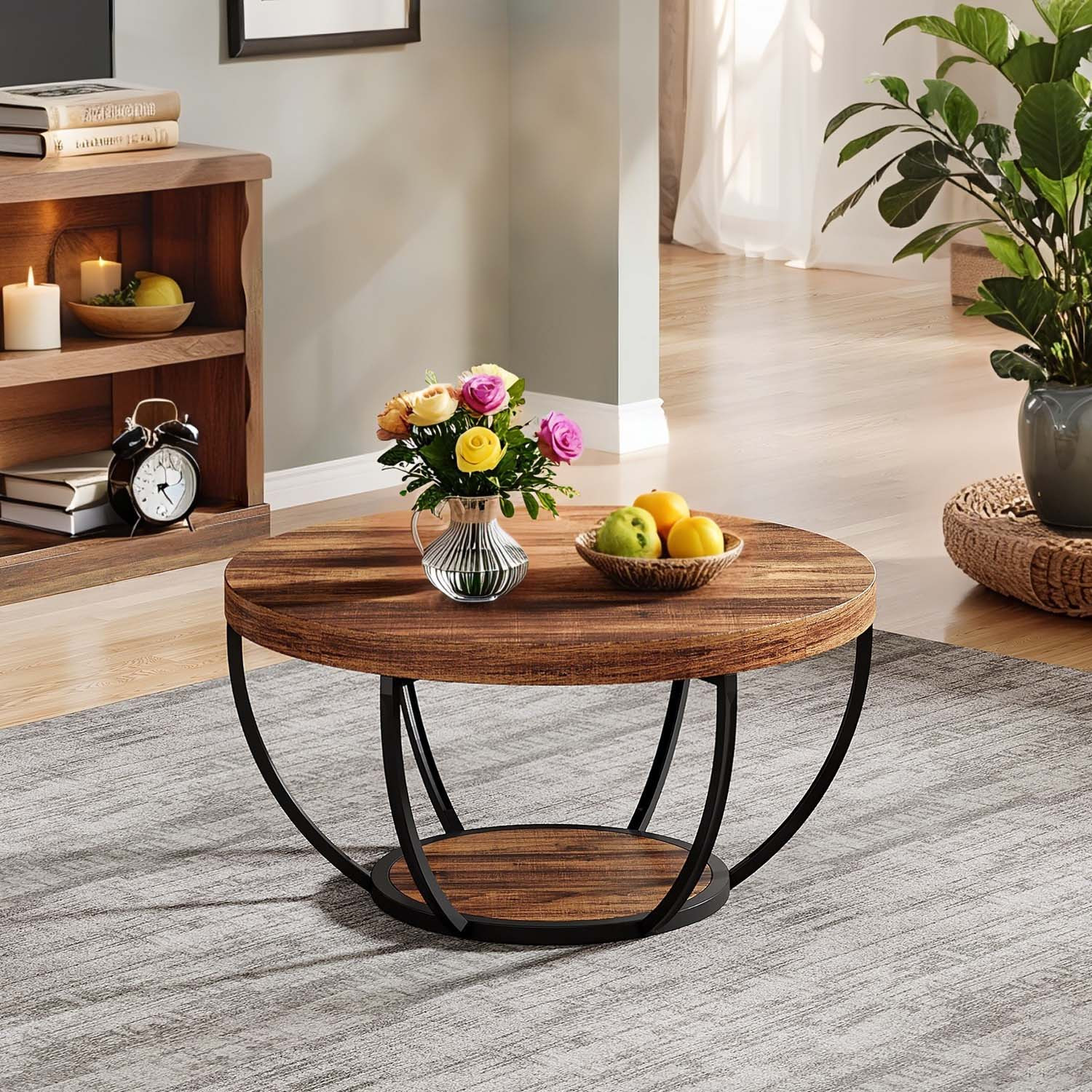 round wooden coffee table double layer design with open storage and metal legs ideal for living room or bedroom