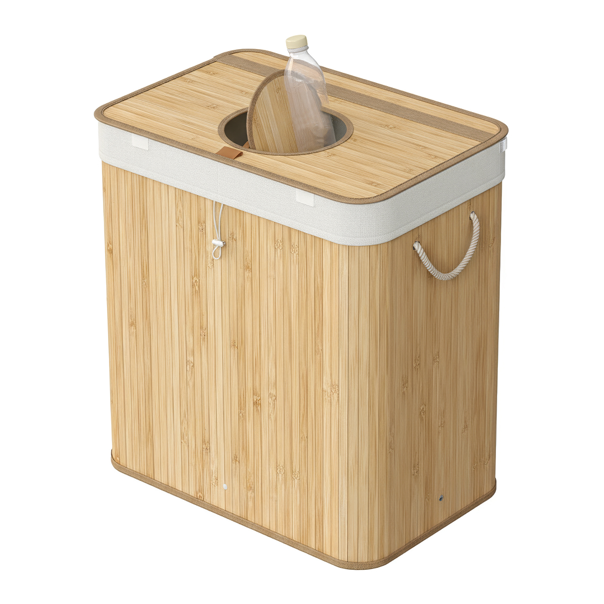 Bamboo Bottle Collection Bin For Empty Bottles, 120 Liter, Bottle Container, Recycling Bin, 40.5 X 40.5 X 61 Cm, Suitable For Kitchens, With Integrated Handles, Perforated Inner Bag With Lid