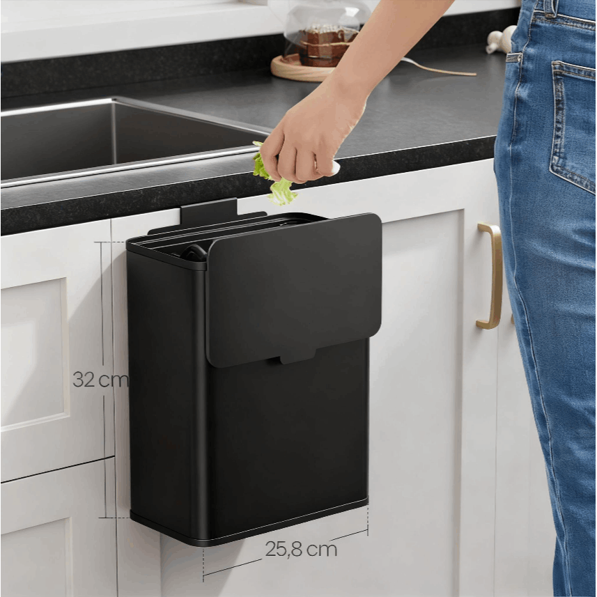 8l Hanging Trash Can, Compost Bin, Steel Waste Bin With Lid Forwaste, Kitchen, With Hook, For Cabinet Door Or Wall