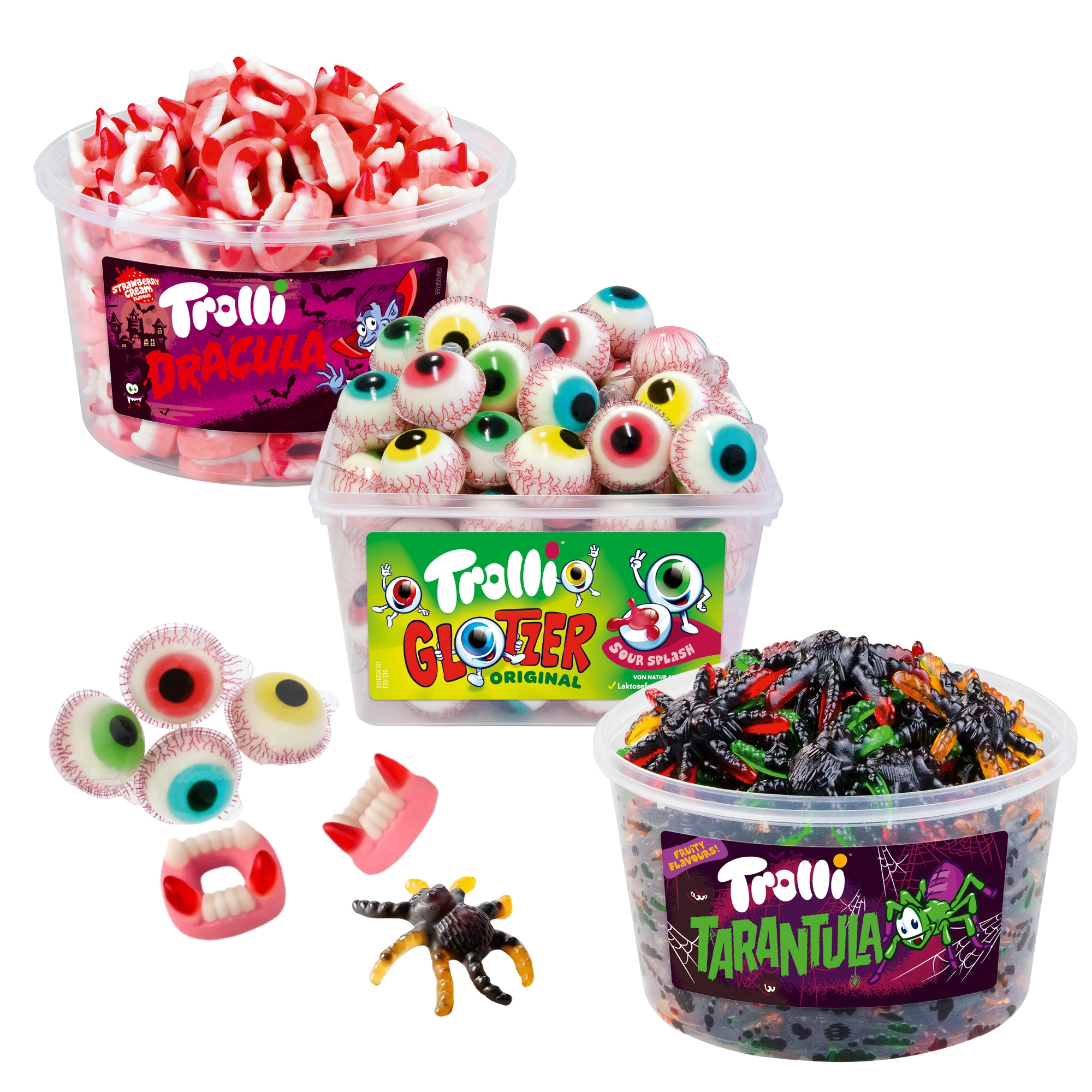 Trolli Mischief Pack 1x Dracula 1.05kg, 1x Glotzer 1.128kg & 1x Tarantula 0.97kg | Total Content 3.148kg | Cans In The Set For Party Or Office Kids Birthday Sweets