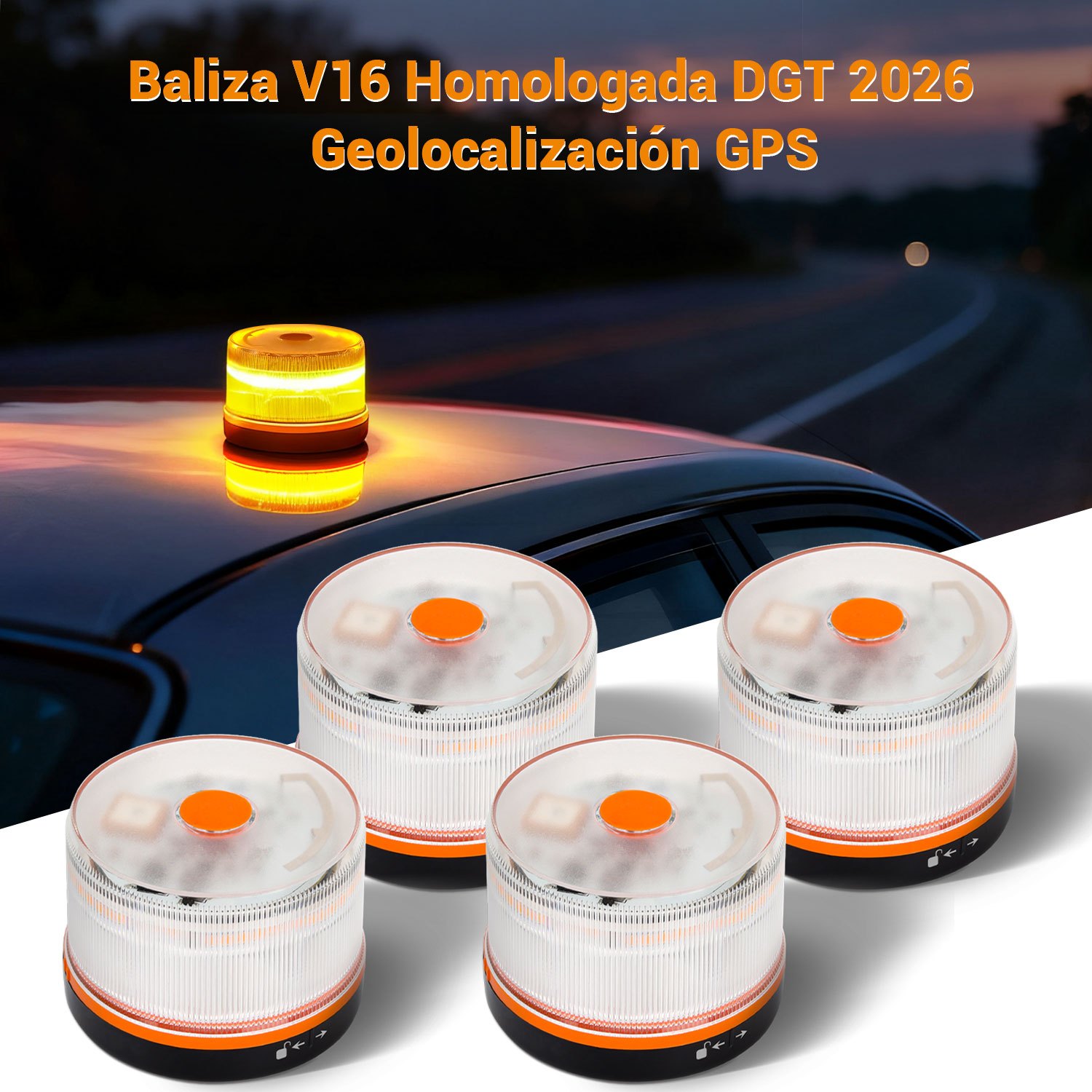 TEMU V16 Homologada DGT 2026 con Geolocalización Luz Emergencia 360° 1 Km de Visibilidad 4 Packs