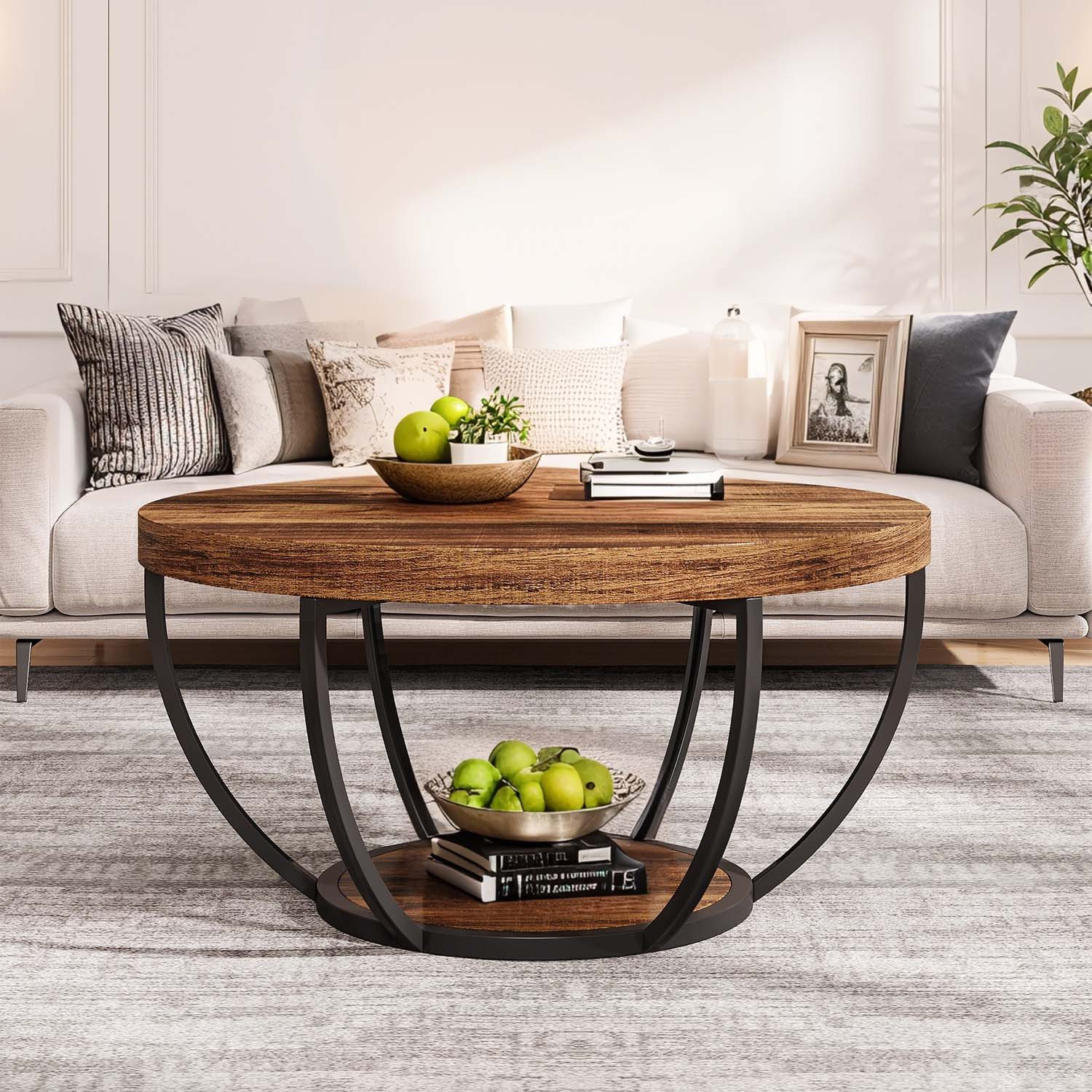 item picture round wooden coffee table double layer design with open storage and metal legs ideal for living room or bedroom