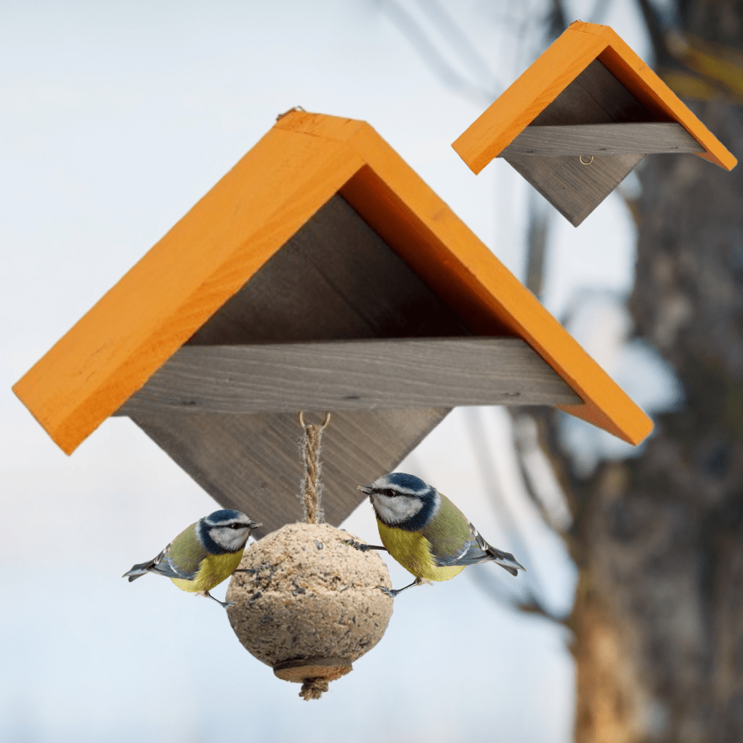 Image of Wooden Bird Feeder, Solid, For Balcony, For Garden, Grey-orange, Easy Assembly, 25.5x22x14 Cm