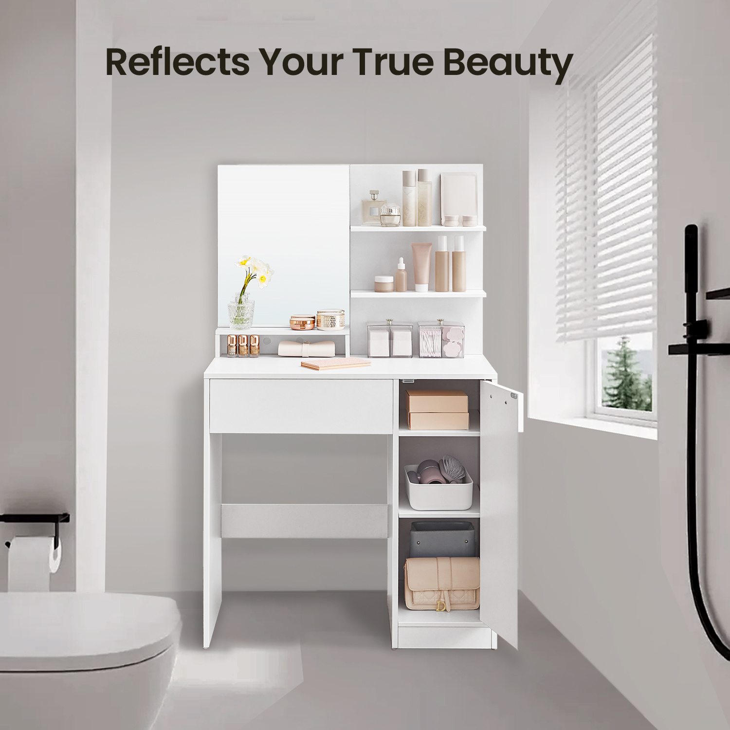 TEMU Makeup Organiser Dressing Table, Vanity Table With Mirror, 1 Drawer, 2 Shelves, Storage Cabinet, White