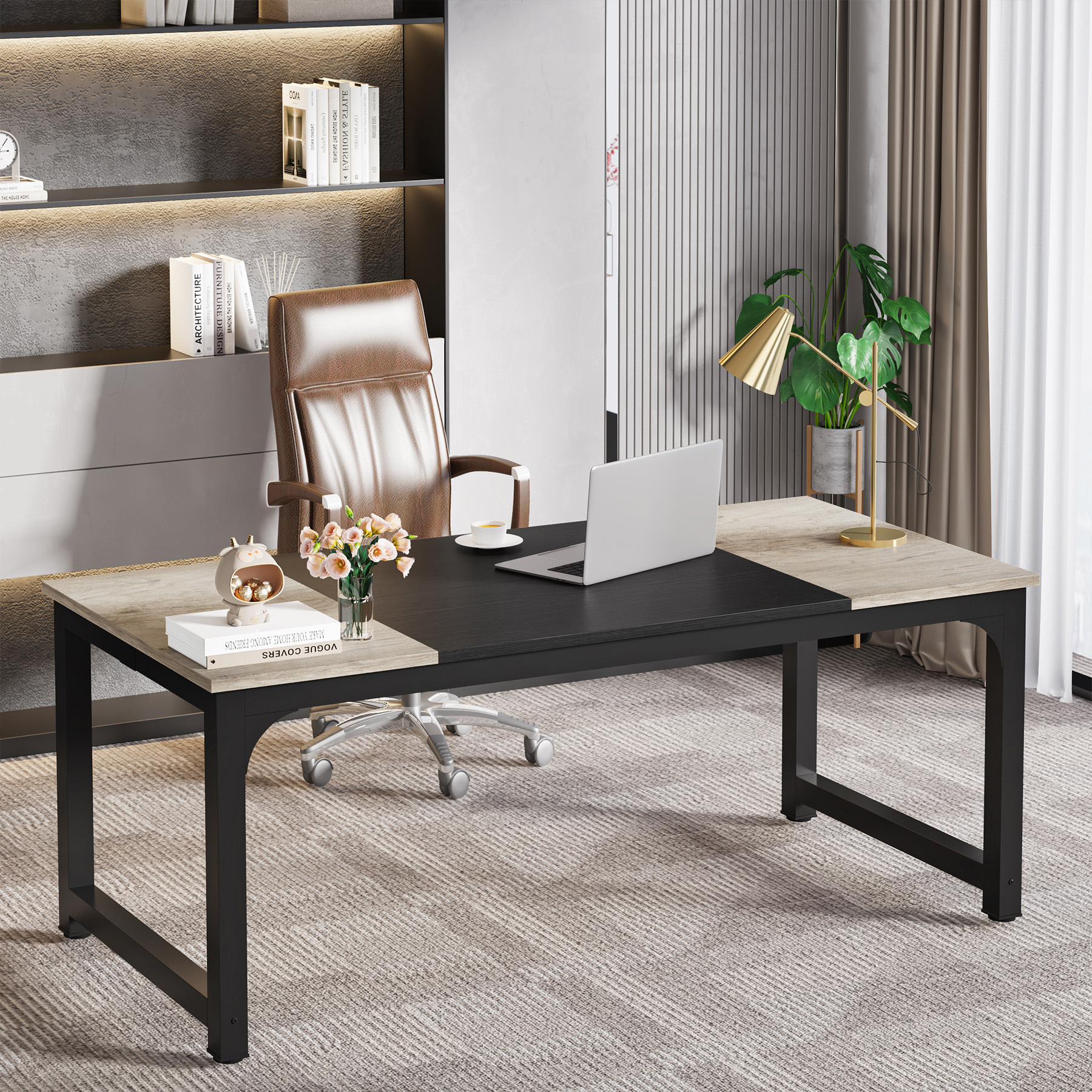 180x80x75cm Vintage Gray And Black Computer Desk, Home Office Workstation Conference Table.
