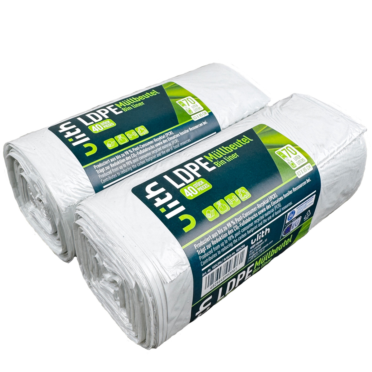 Image of 70 Liter - Trash Bags - 40 Bags Per Roll - Bin Liner - For Light Waste - Made From Recycled Material - Blue Angel - Post- Recyclate (pcr) - Trash Bags - Trash Bags - For Household And Office Waste