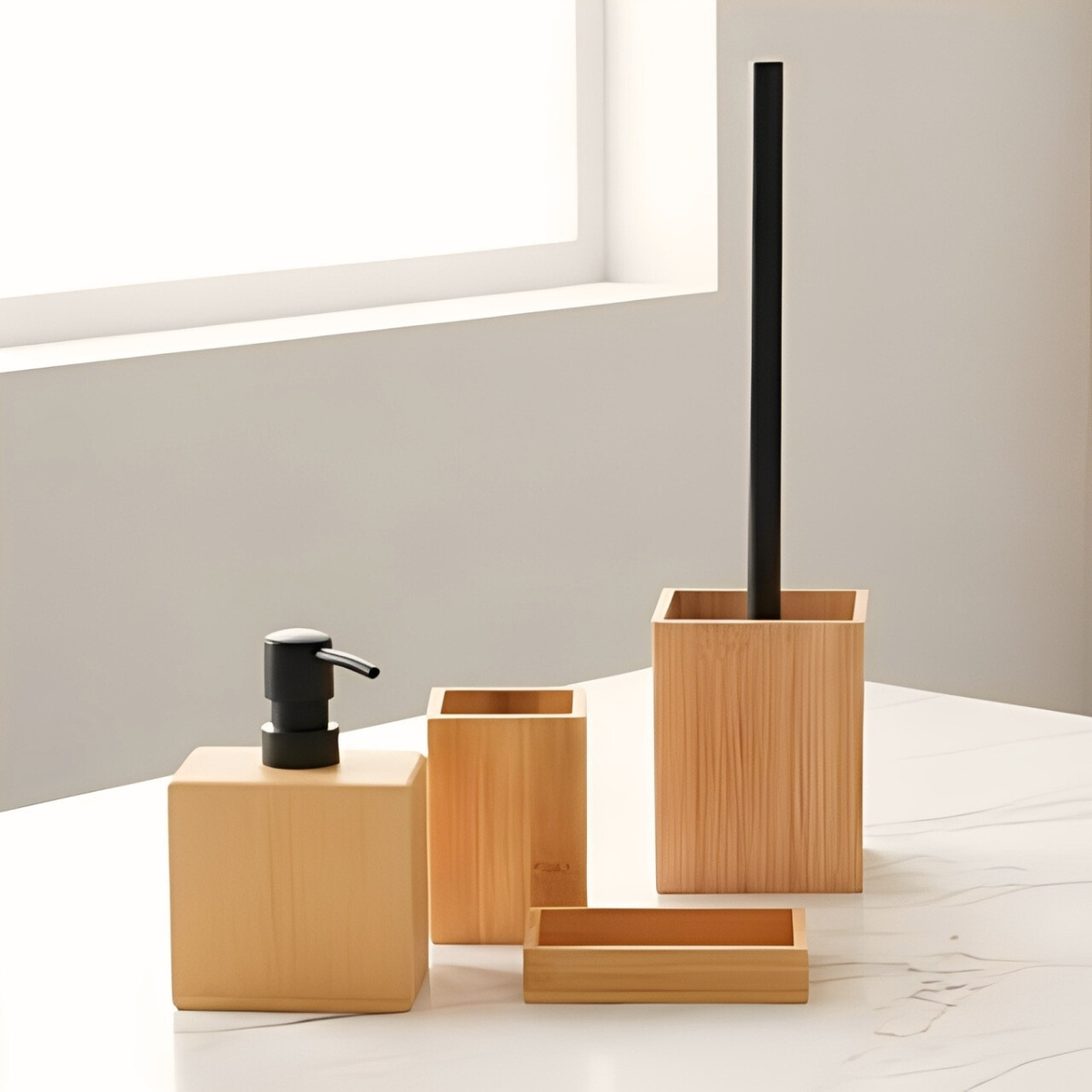 set de accesorios de baño de bambú 4 piezas – dispensador, portacepillos, jabonera y escobilla con base |   y funcionalidad para el hogar