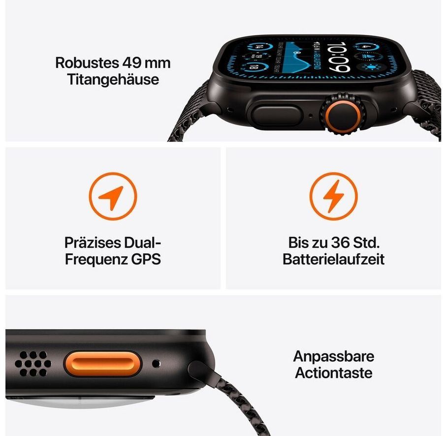 Apple Watch Ultra 2. Alpine Loop Medium Black Screen Technology: OLED, Display Resolution: 410 X 502 Pixels, Touchscreen. Flash Memory: 64 GB. GPS Installed Operating System: Watchos 11