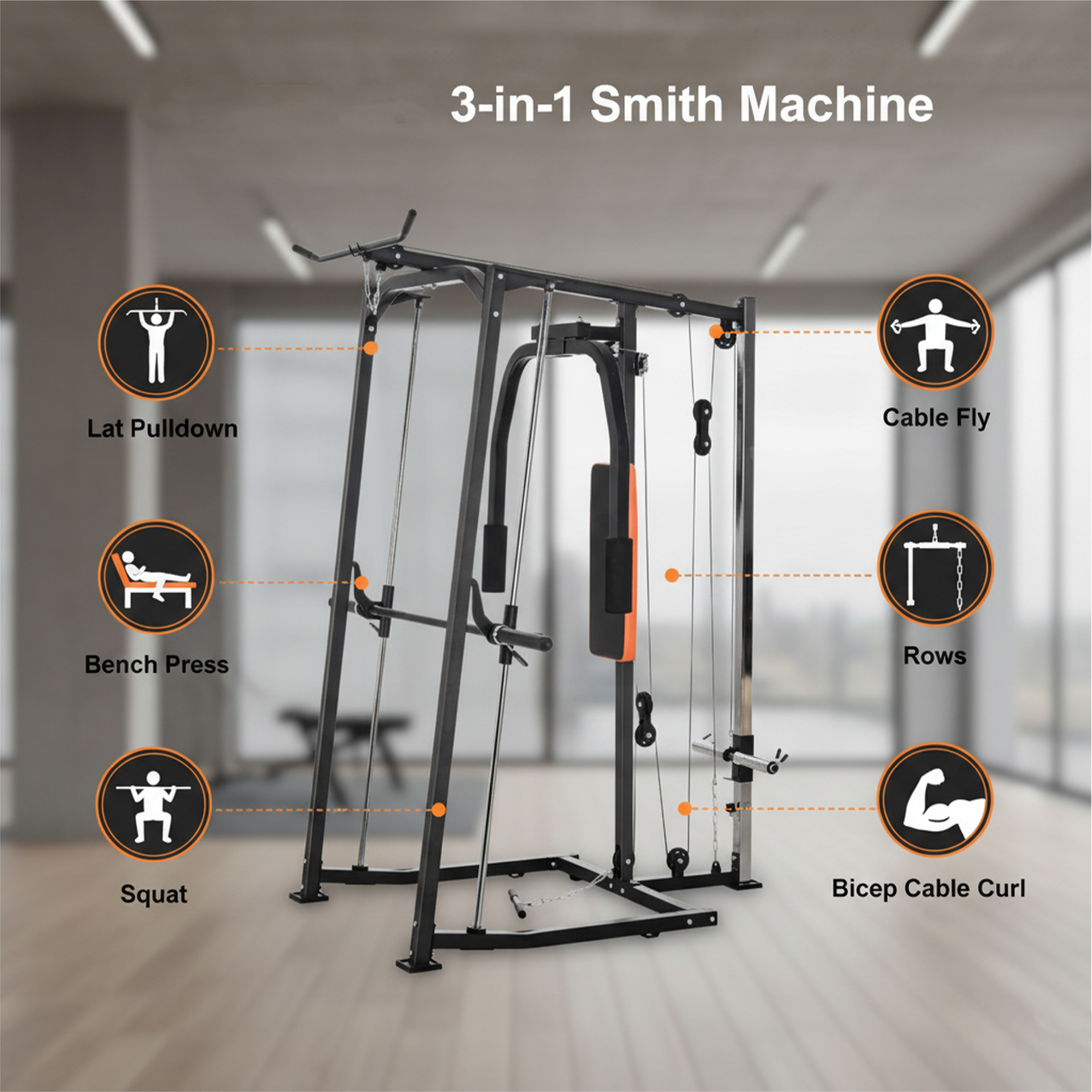 3-in-1 Smith Machine with 90kg Cast Iron Weight Plates