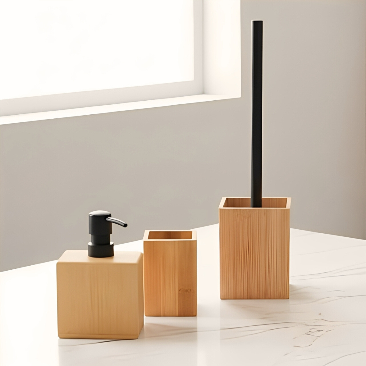 set de baño de bambú 3 piezas – dispensador, portacepillos y escobilla con base | diseño minimalista   para encimeras