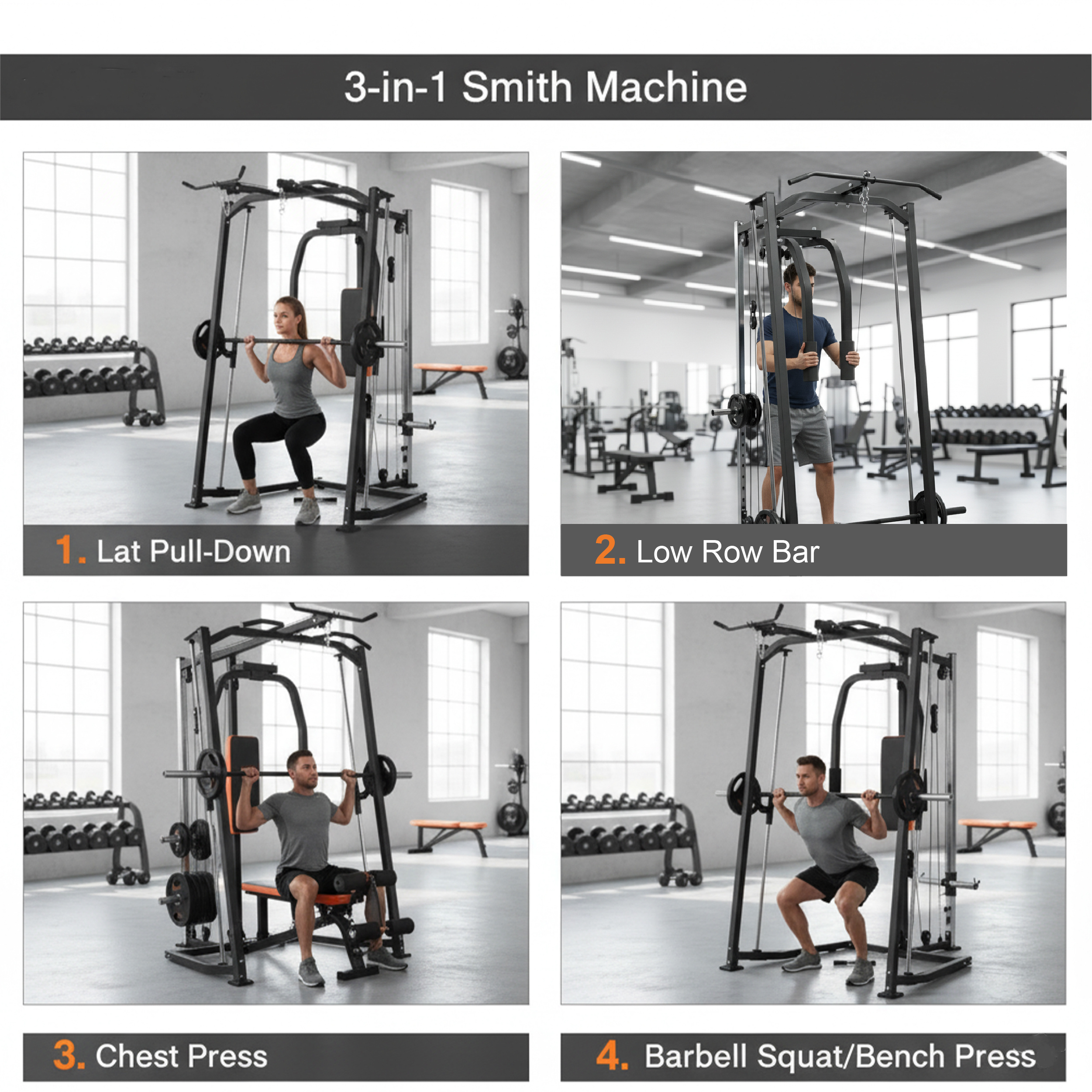 3-in-1 Smith Machine with 90kg Cast Iron Weight Plates
