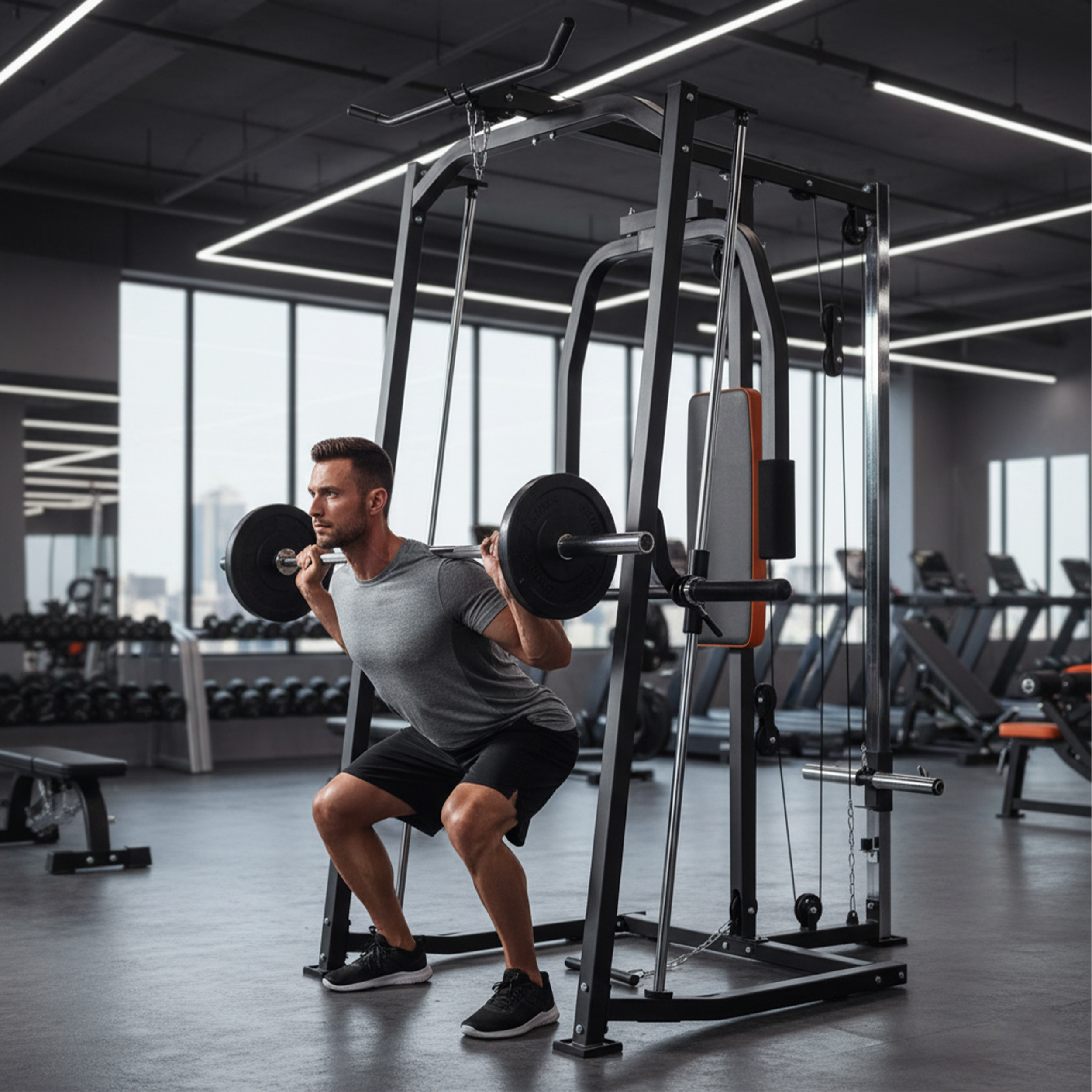 3-in-1 Smith Machine with 90kg Cast Iron Weight Plates