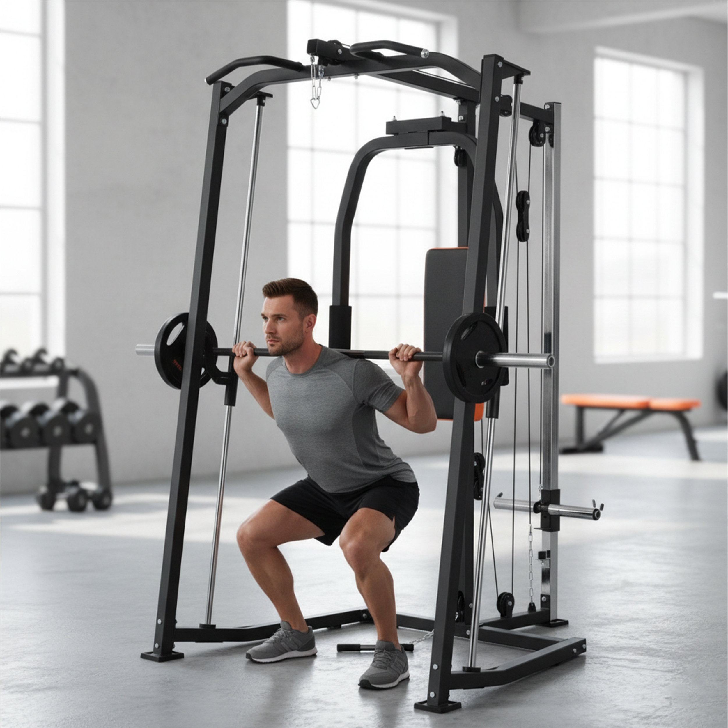 3-in-1 Smith Machine with 90kg Cast Iron Weight Plates
