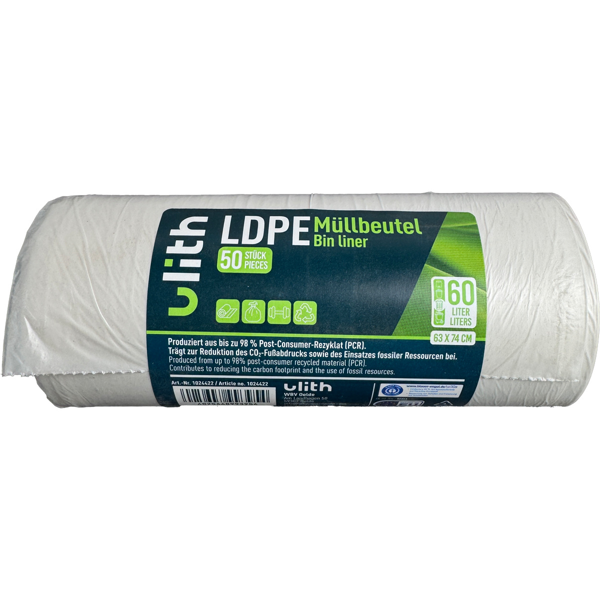 Image of 60 Liter - Trash Bags - 50 Bags Per Roll - Bin Liner - For Light Waste - Made From Recycled Material - Blue Angel - Post- Recyclate (pcr) - Trash Bags - Trash Bags - For Household And Office Waste