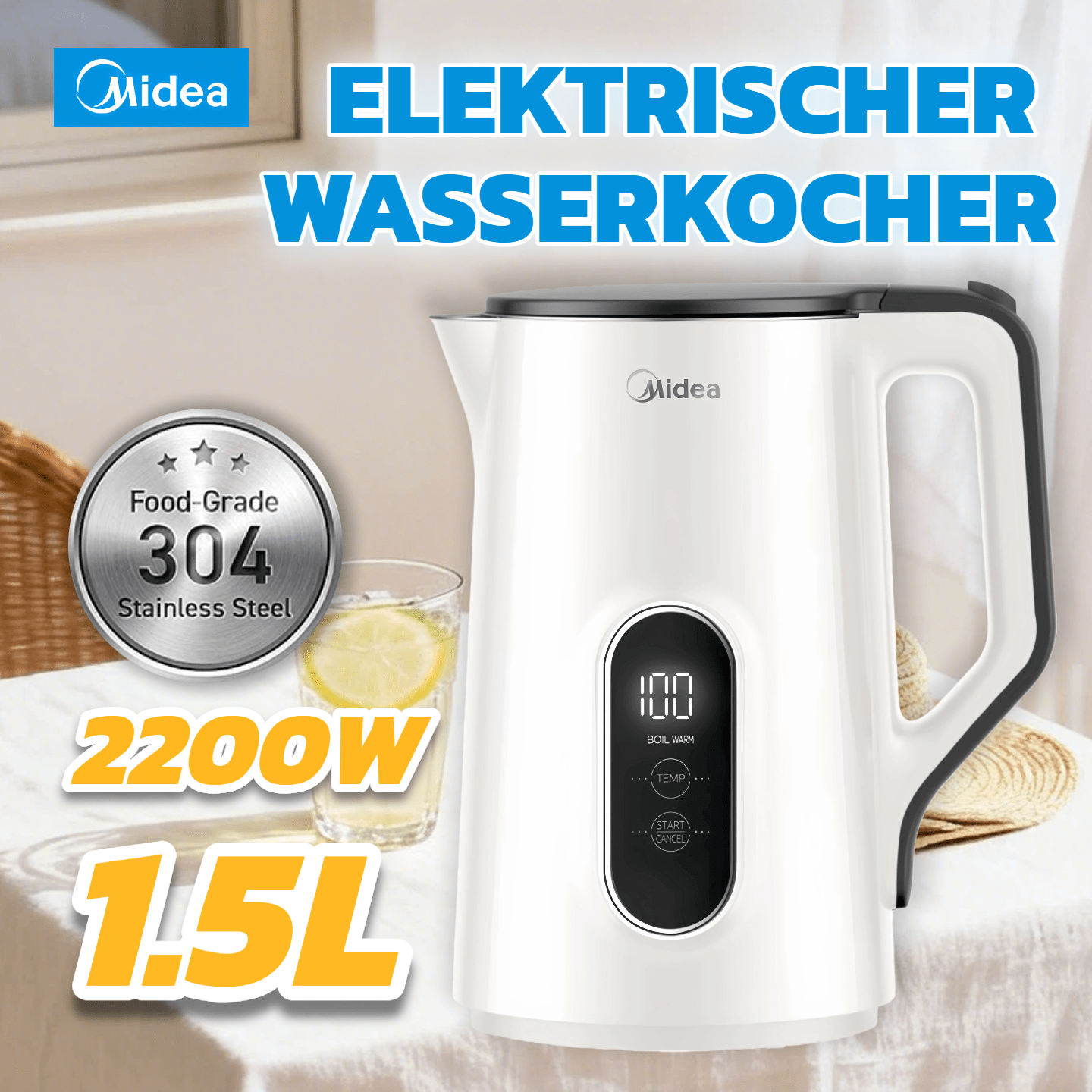 Modern Stainless Steel Kettle Midea 1.5l With Temperature Control, Fast, Safe, Stylish | 2200w & Design | For Tea, Coffee, Baby Food – White