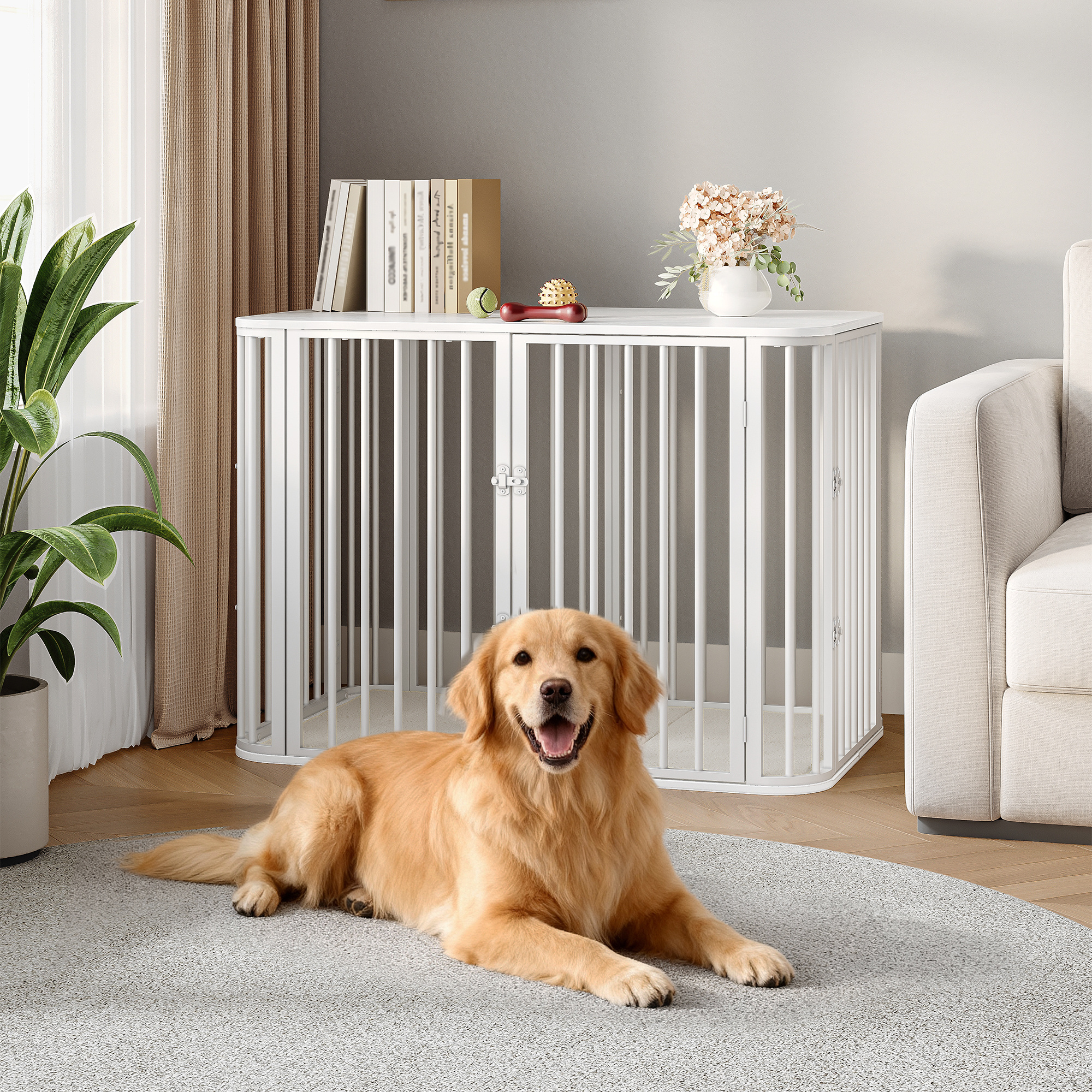 Dog Cage Furniture, Dog Box With Soft Cushion, Modern Multi-door Design, Side Table For High-load Wooden Dog Cages, Suitable For Large Dogs, 108 X 77.5 Cm, White