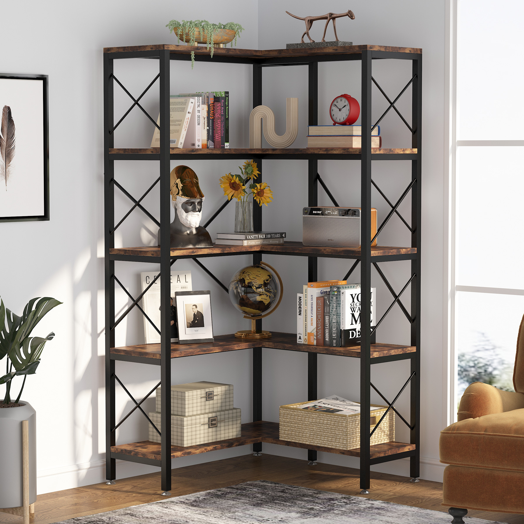 Modern 5 Shelf Corner Bookcase, Tall Storage Shelf With Metal Frame For Living Room Home Office In Rustic Brown.