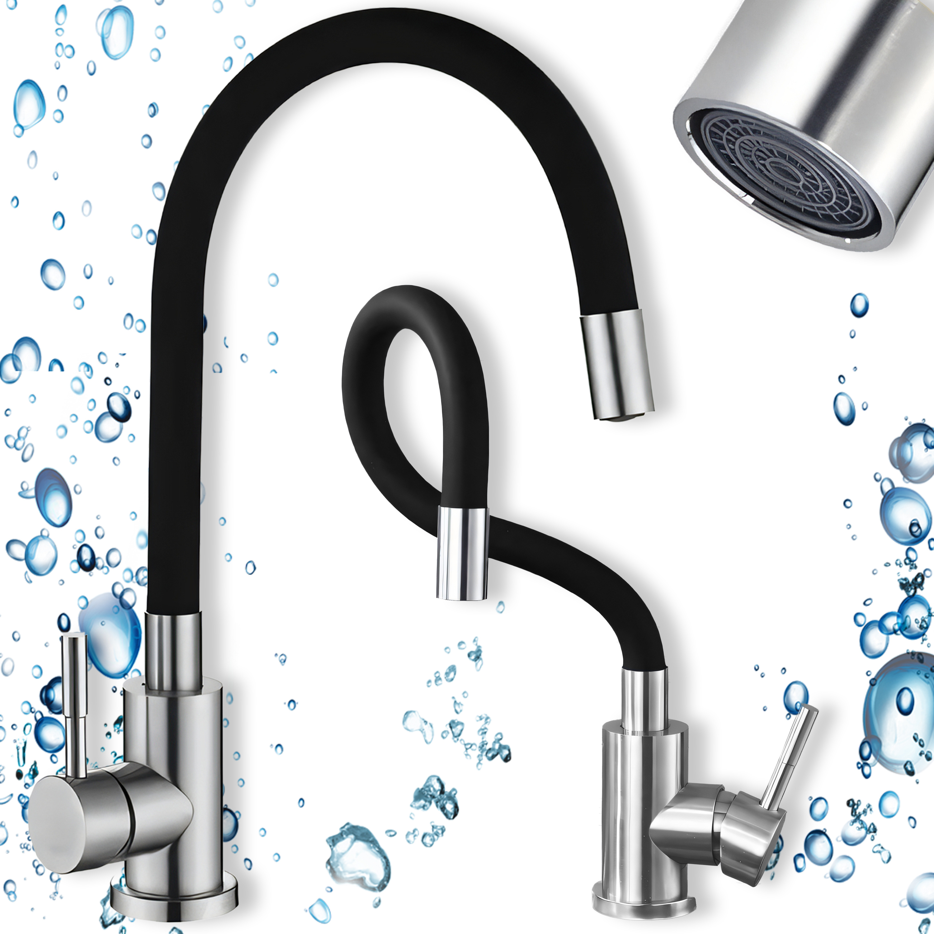 TEMU Kitchen Faucet With Flexible Silicone Sprayer, 360-degree Rotating Spout, Single-handle Mixer, Height-adjustable Swivel Arm, Black-silver, With