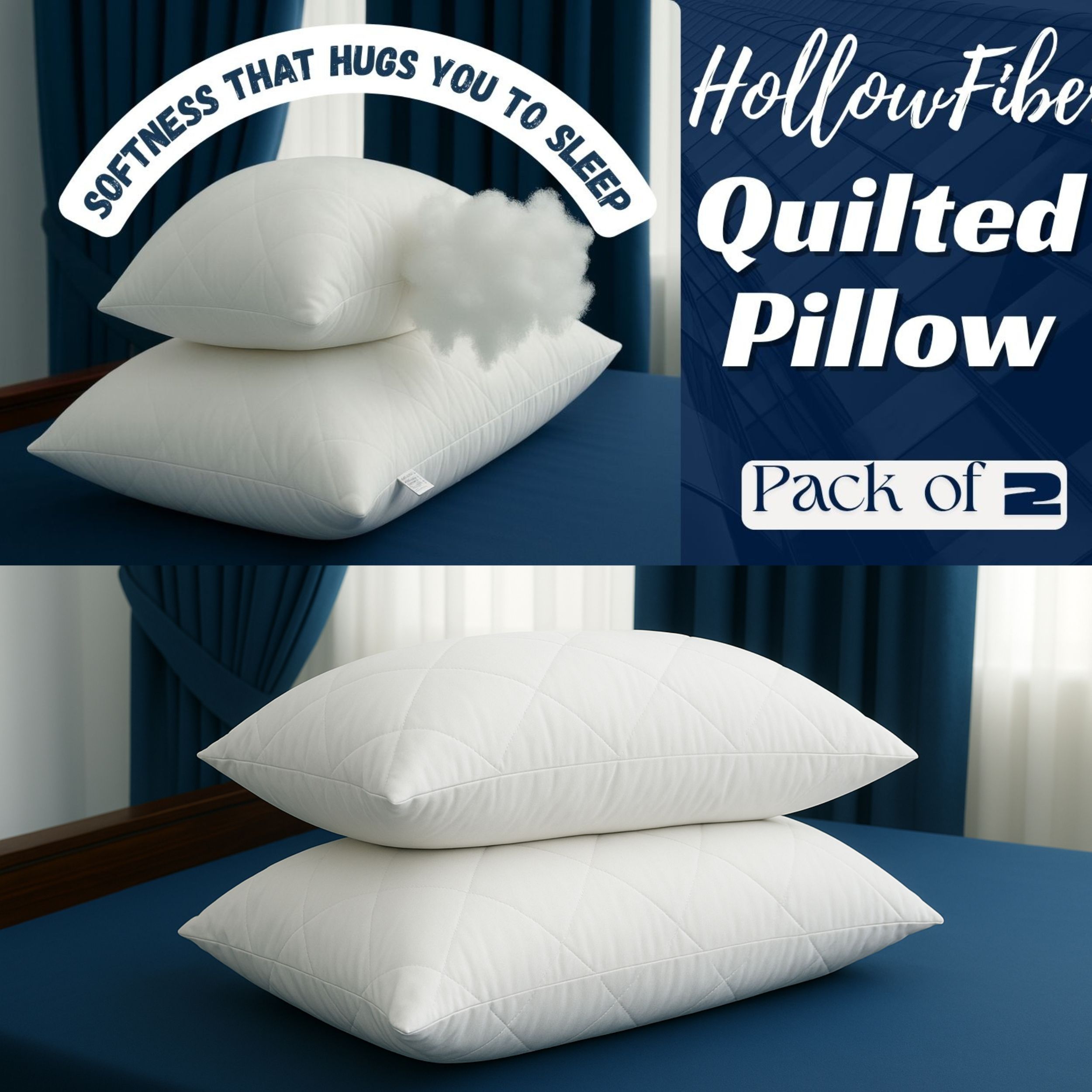 Quilted Pillows Pack of 2 Hotel Quality Bounce Back Deep Filled Soft and Breathable Pillows 29 x 19''