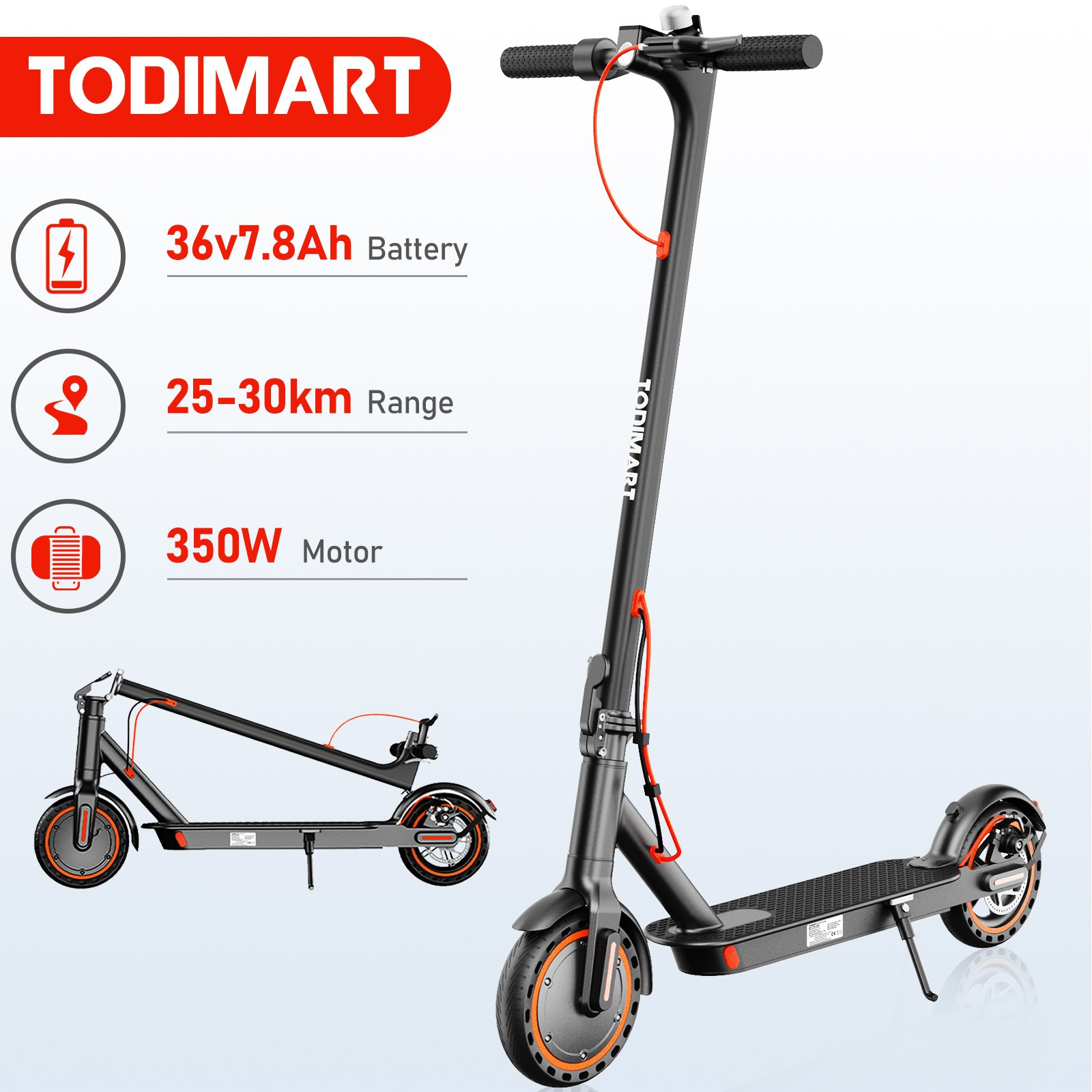 TEMU Todimart T3 Adult Electric Scooter 36v 7.8ah Battery 350w Motor 25-35km Range 70kg Foldable Adult Electric Scooter Puncture-resistant Honeycomb