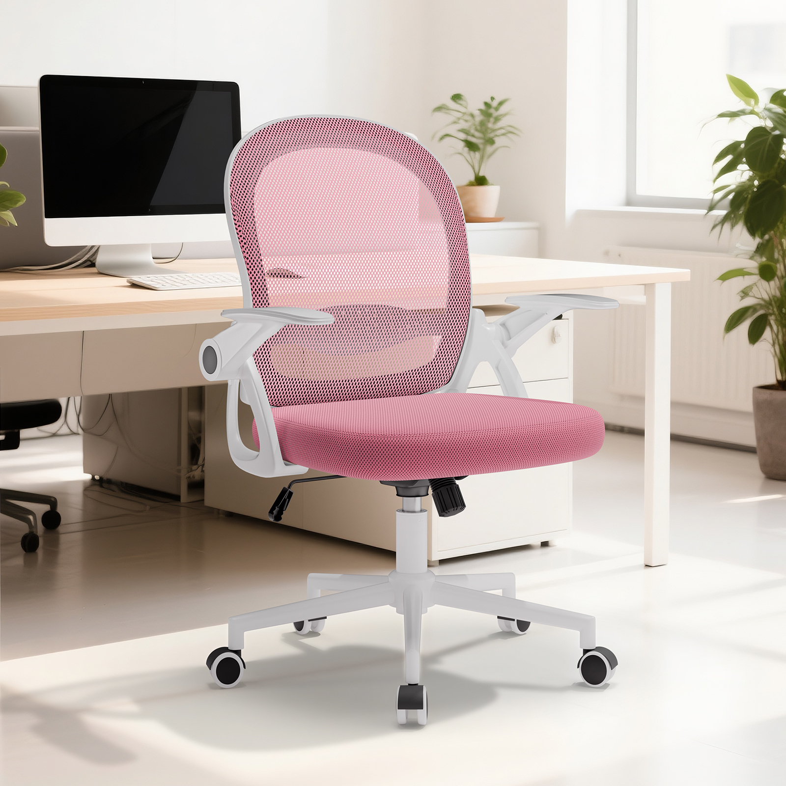 E-shop Home Office Stuhl Ergonomischer Mesh Bürostuhl mit Klapparmlehnen & Lendenwirbelstütze Lendenwirbelstütze für Zuhause/Büro - Pink