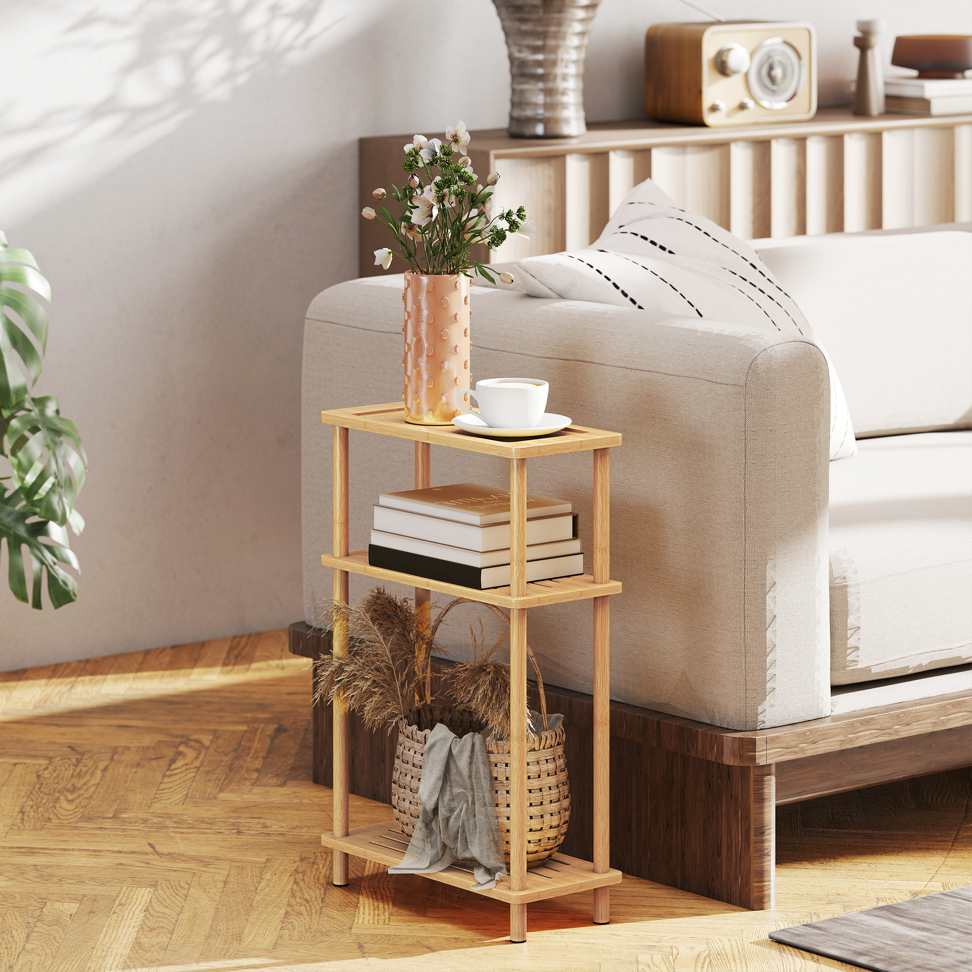TEMU Bamboo Side Table, 3-tier Slim End Table, Nordic Style, For Living Room, Bedroom, Office, Assembly, Natural