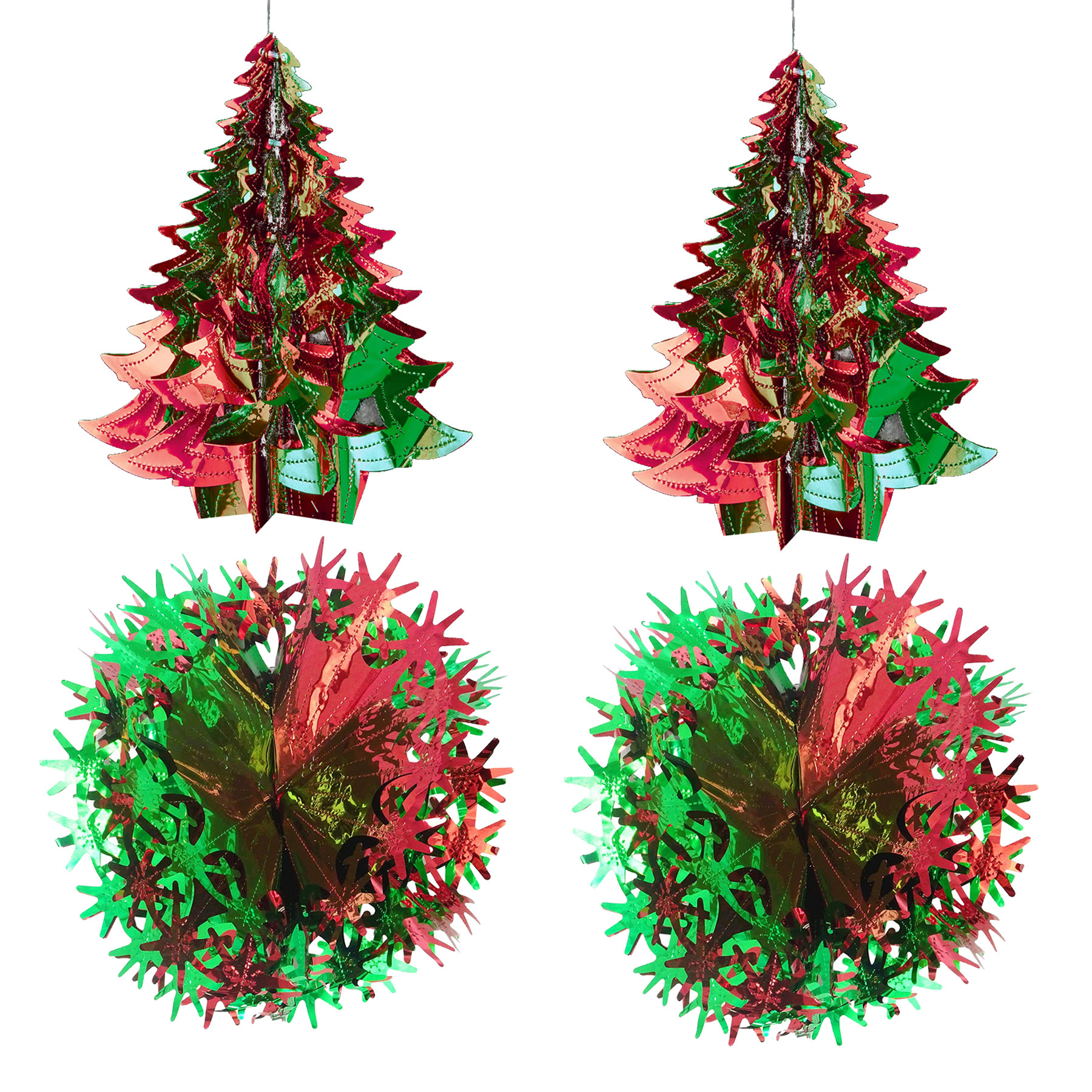 TEMU Christmas Foil Ceiling Decorations Green / Red - Set 4 30cm Tree And Ball Set