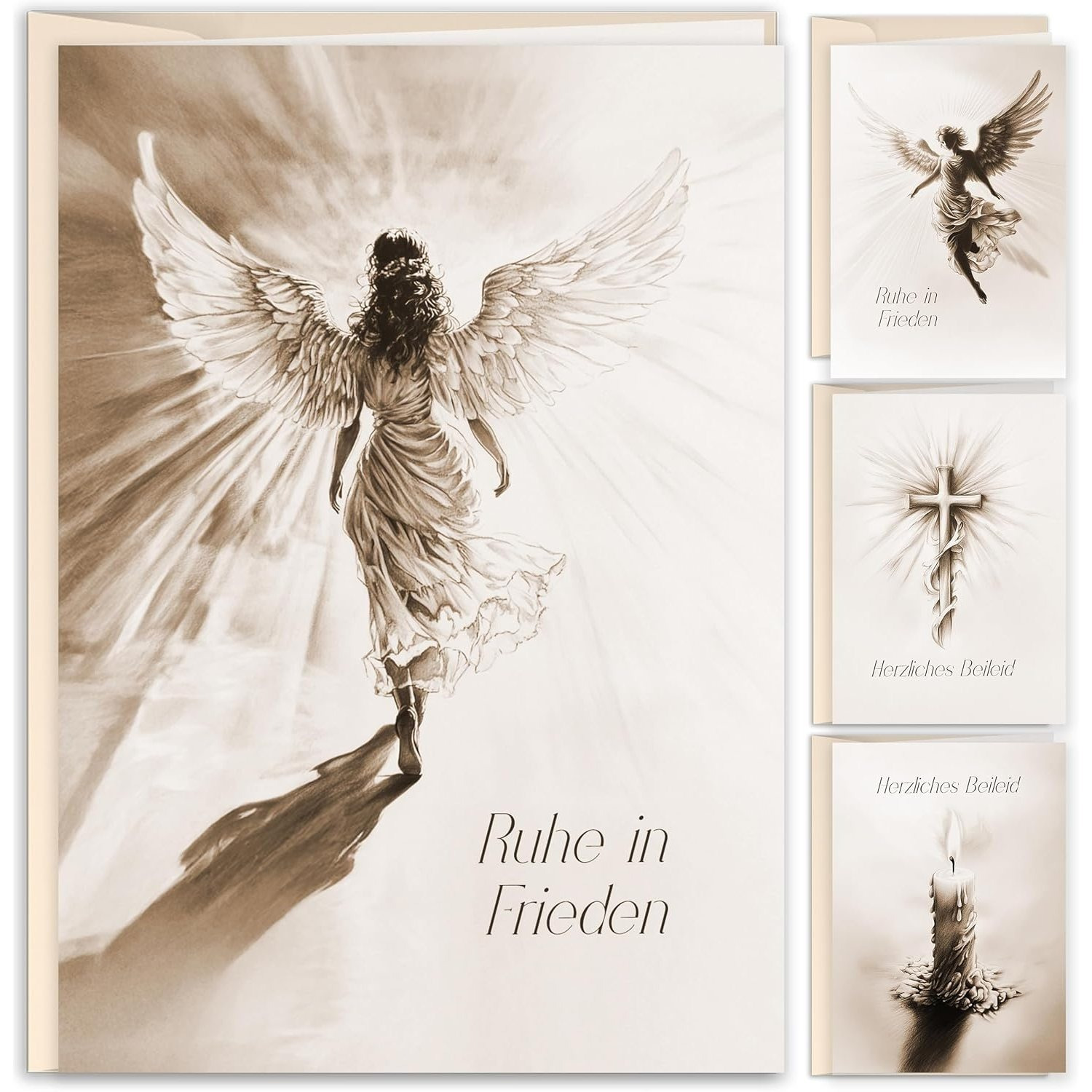 TEMU 8pcs Condolence Card Set With Envelopes A6 Foldable Cards Mourning Cards In Beige And With Candle Cross Stylish Christian Farewell Cards