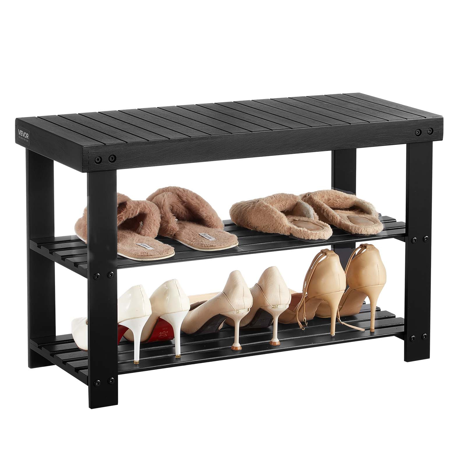 Image of Vevor Shoe Rack Bench, 3-tier Bamboo Entryway Bench, Shoe Storage Organizer To 286 Lbs, 703 X 288 X 451 Mm, For Front Door, Hallway, Living Room, Bedroom, Black