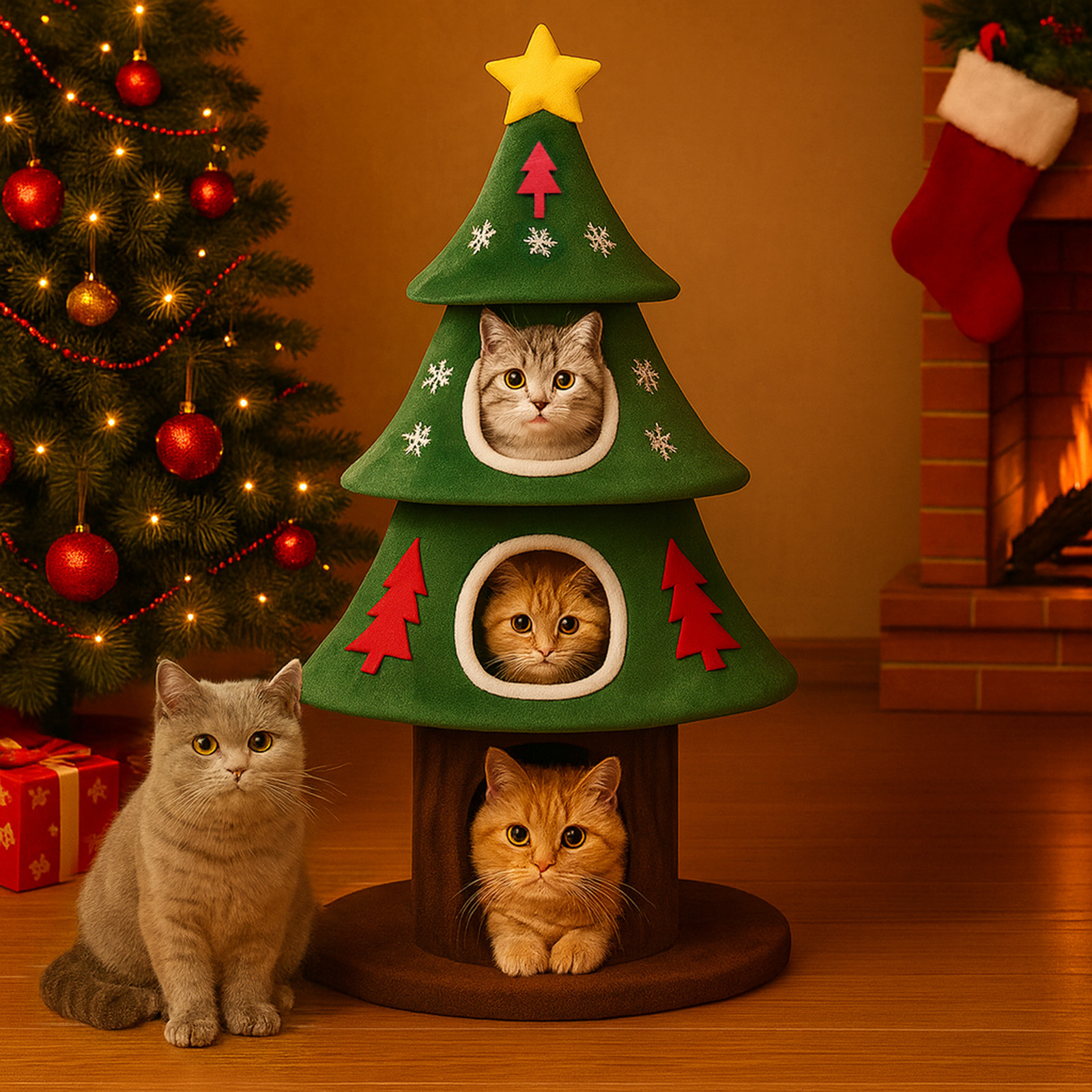 Image of 135 Cm Christmas Multi-level Cat Tree With Cat House, Scratching Posts, Play Ball, And Sturdy Climbing Structure For Cats, Green