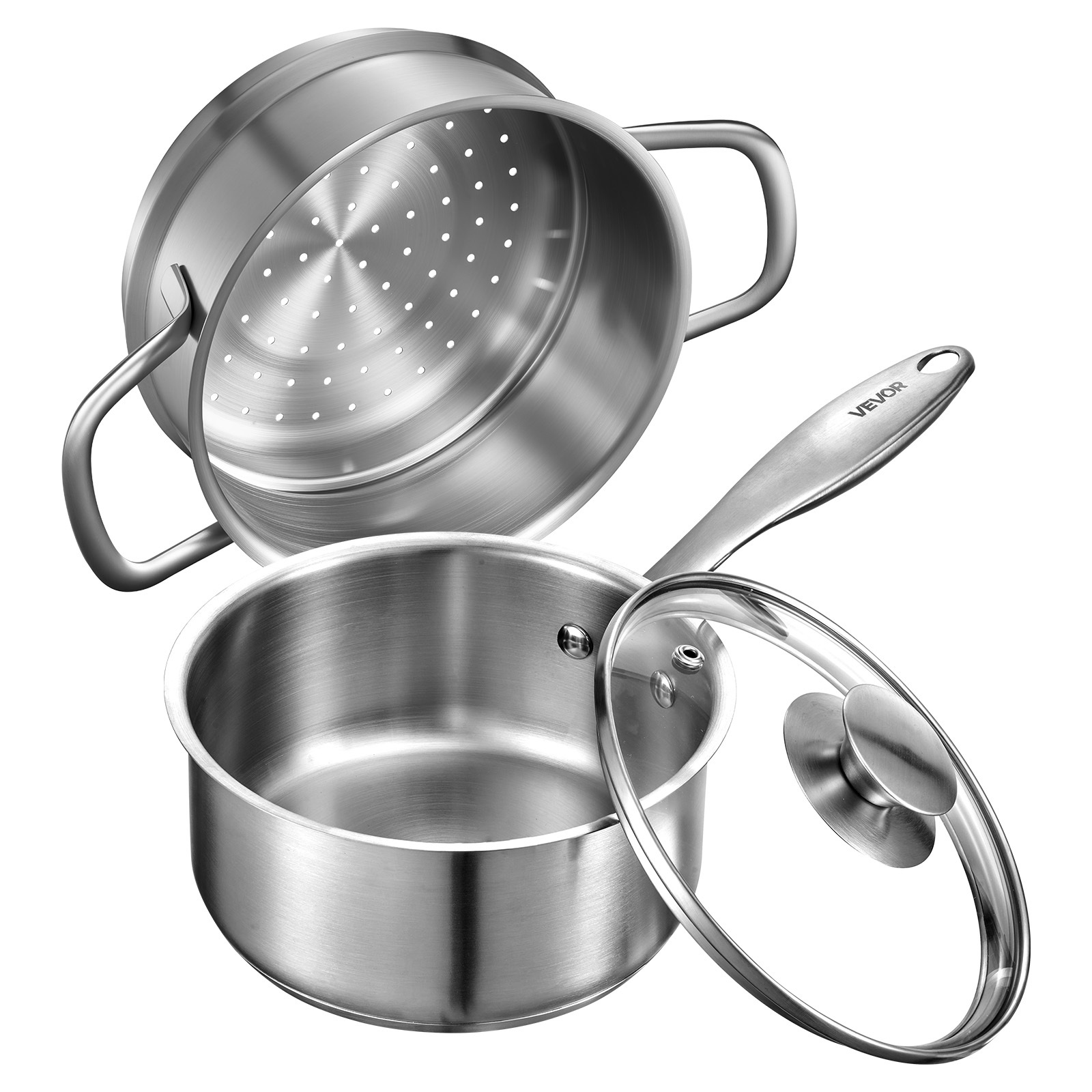 Image of Vevor 1.5 Qt Saucepan With Steamer, Stainless Steel Saucepan With Glass Lid, Multipurpose Nonstick Stainless Steel Sauce Pot With Ergonomic Handle, Friendly For Oven, Dishwasher, Induction Cooker