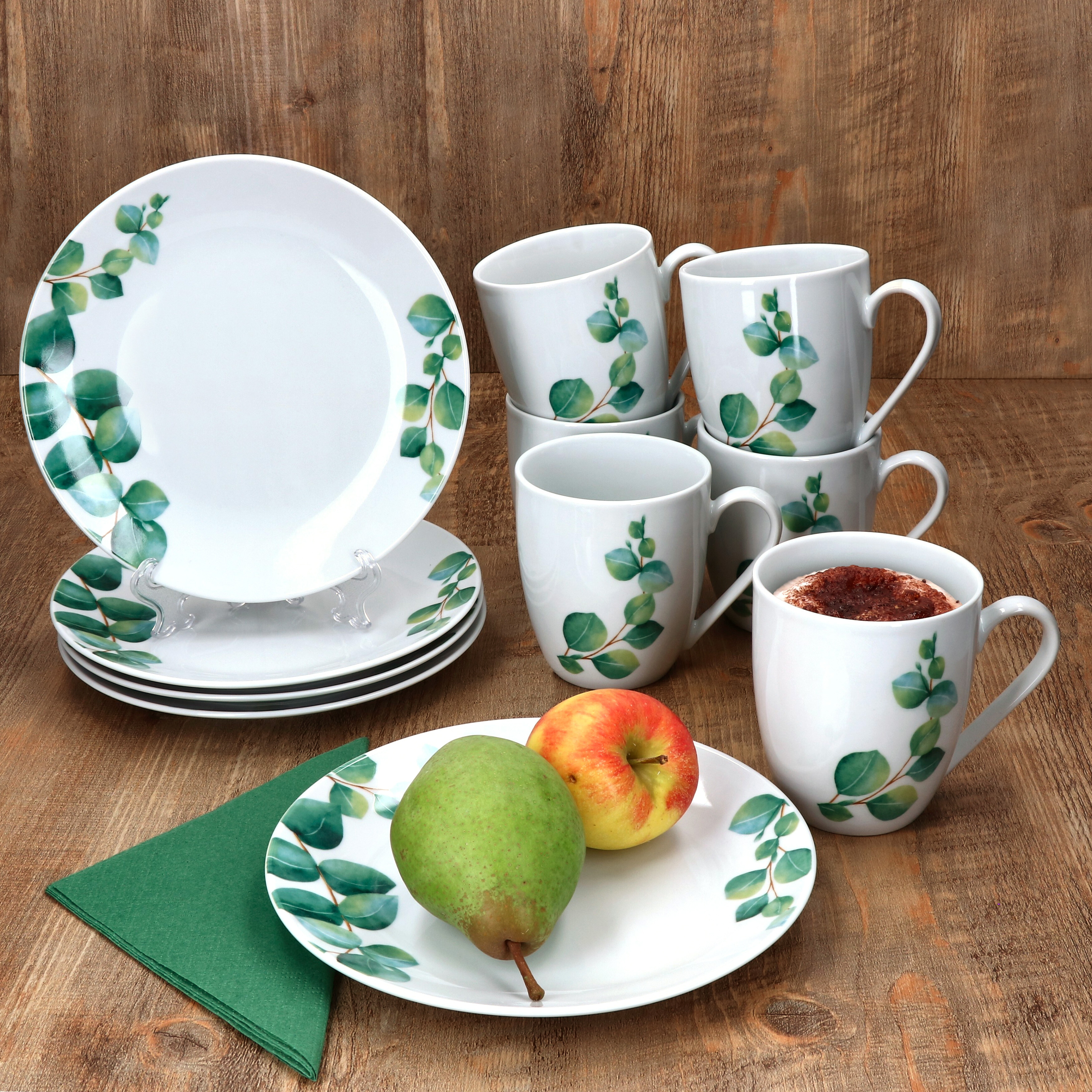 Image of Eucalyptus 12-piece Porcelain Breakfast Set For 6 People, Small Plates, Cups, Leaf Design