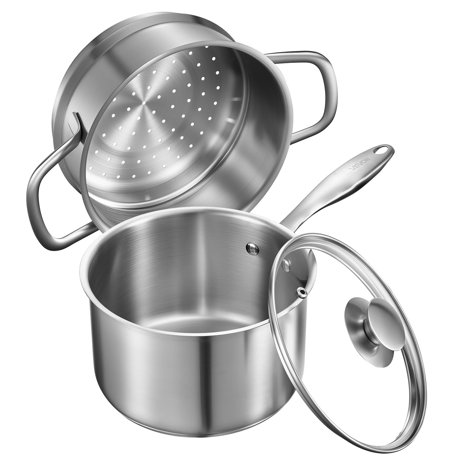 Image of Vevor 2.5 Qt Saucepan With Steamer, Stainless Steel Saucepan With Glass Lid, Multipurpose Nonstick Stainless Steel Sauce Pot With Ergonomic Handle, Friendly For Oven, Dishwasher, Induction Cooker