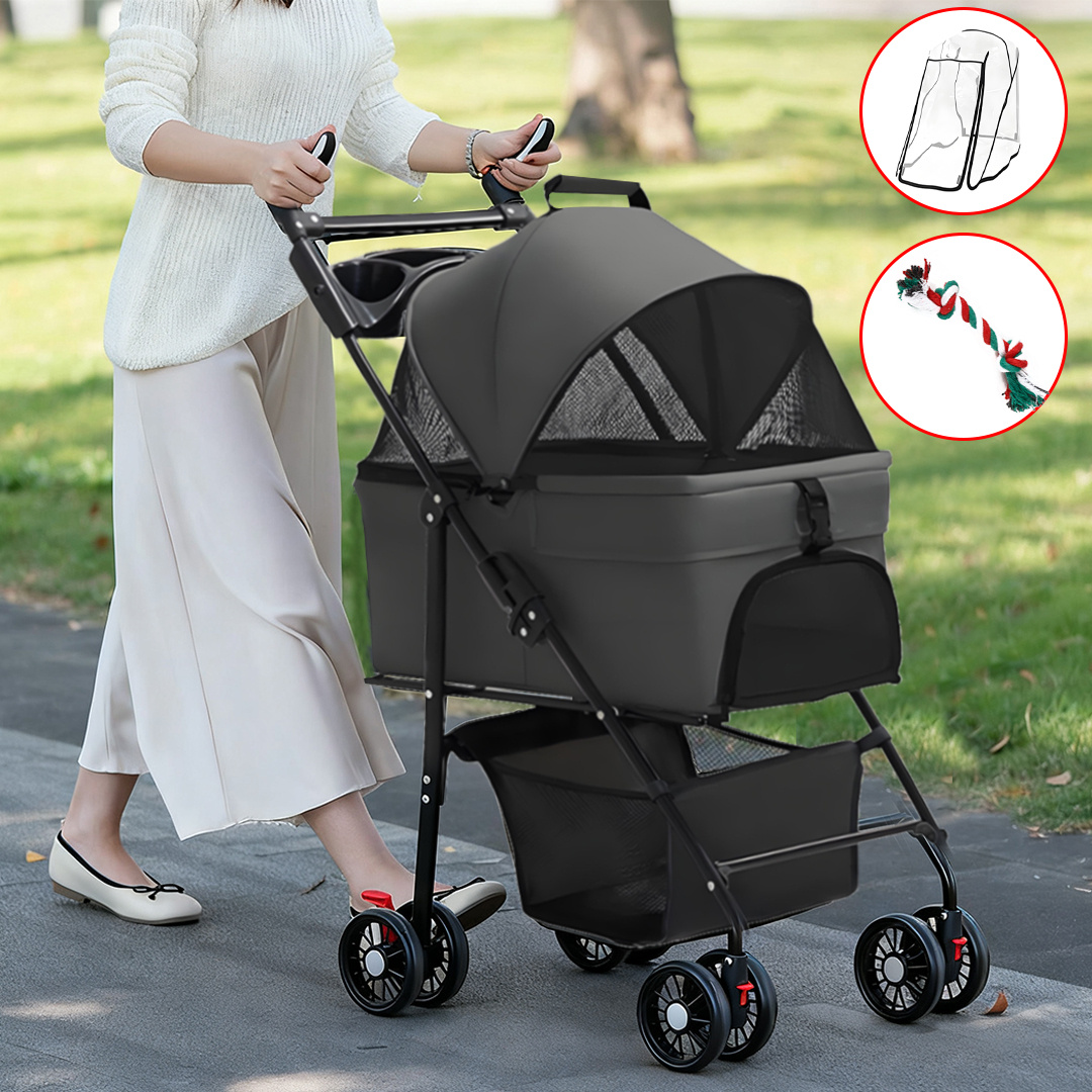 TEMU Lightweight Foldable Pet Stroller For Cats & Small Dogs - Oxford Fabric Carrier With Ventilation Mesh, Ergonomic Handlebar & Storage Basket -