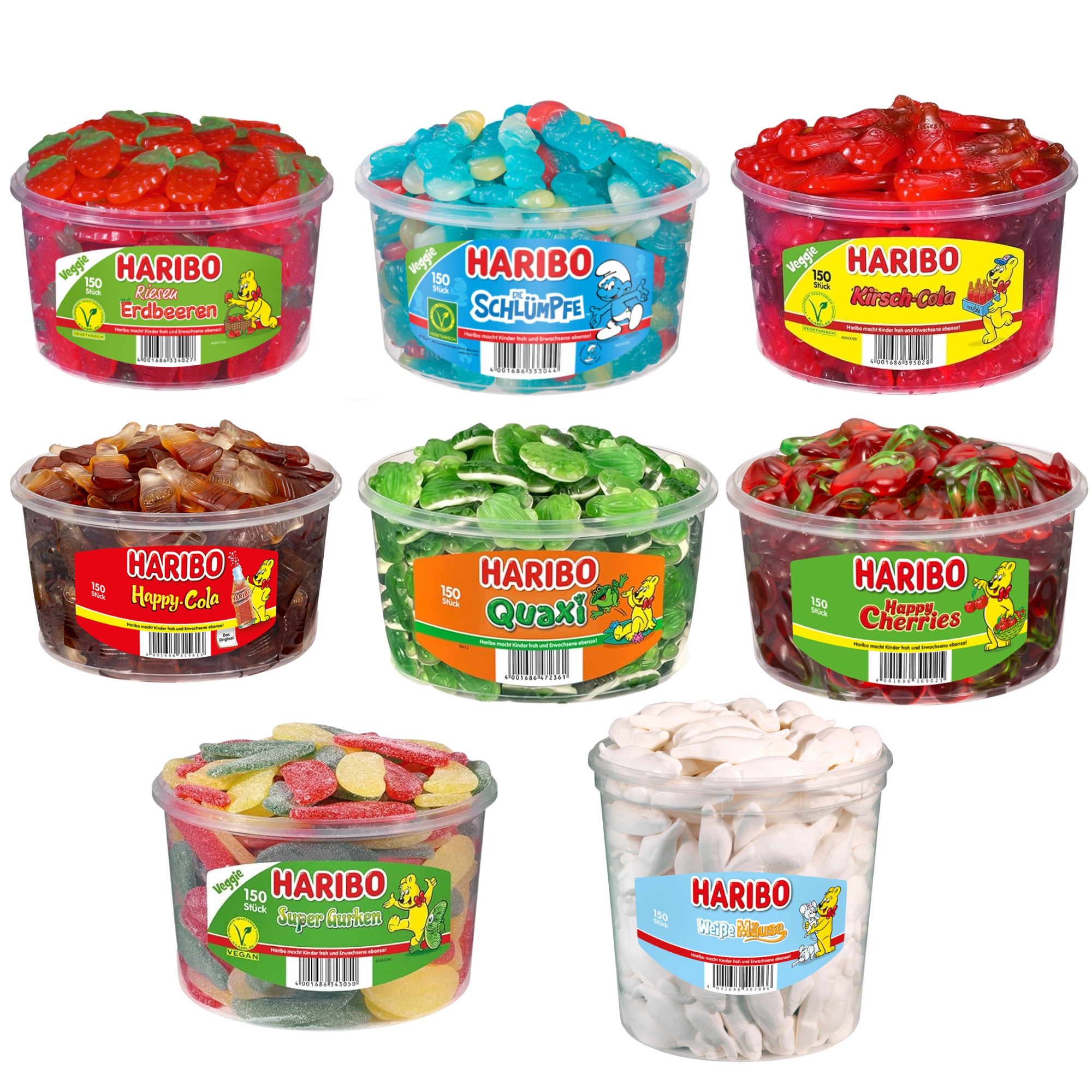 E-shop Haribo 8 Dosen XXL-Mischpaket / 1x Schlümpfe + 1x Riesen Erdbeeren + 1x Weisse Mäuse + 1x Happy Cherries + 1x Super Gurken + 1x Kirsch Cola + 1x