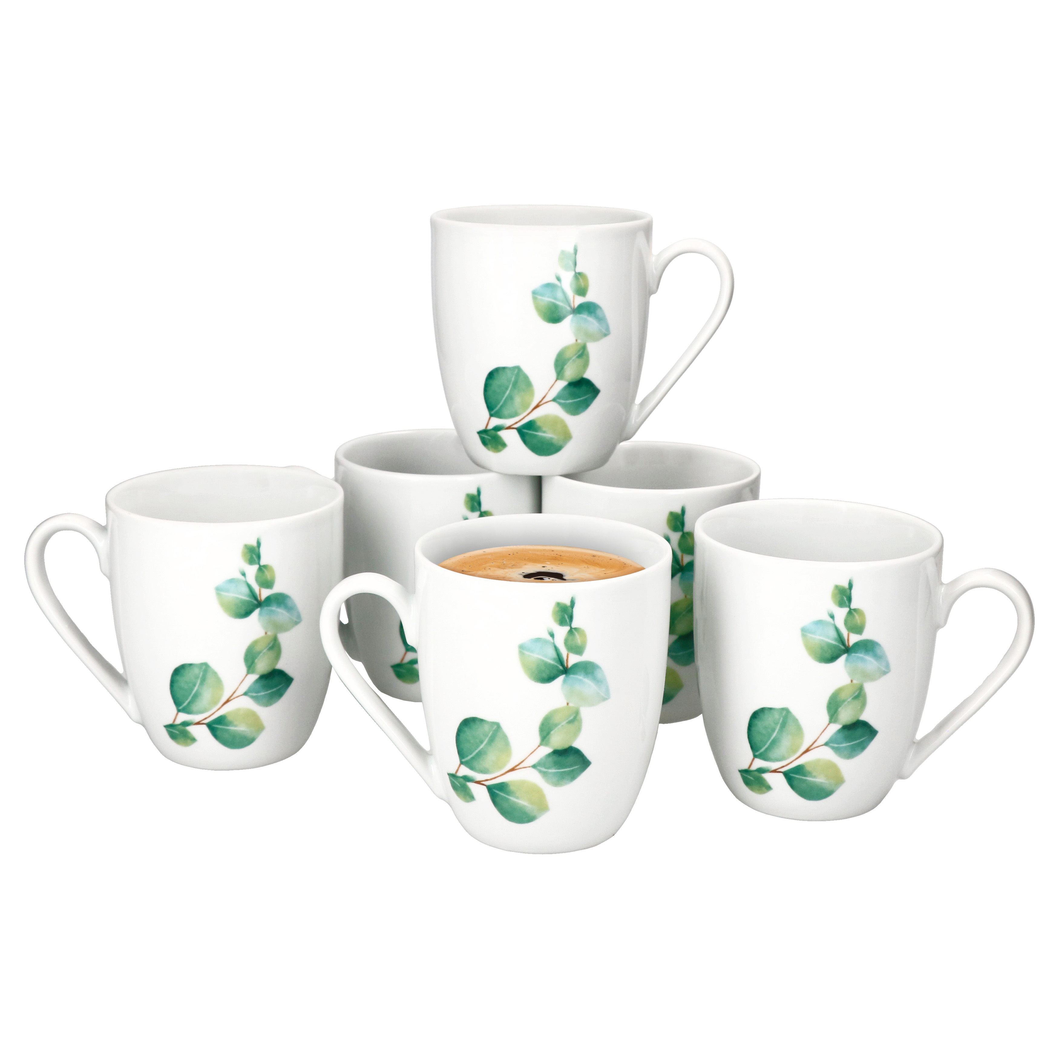 6 X Eucalyptus Coffee Cups 340ml H10.5cm Porcelain Cups For 6 People