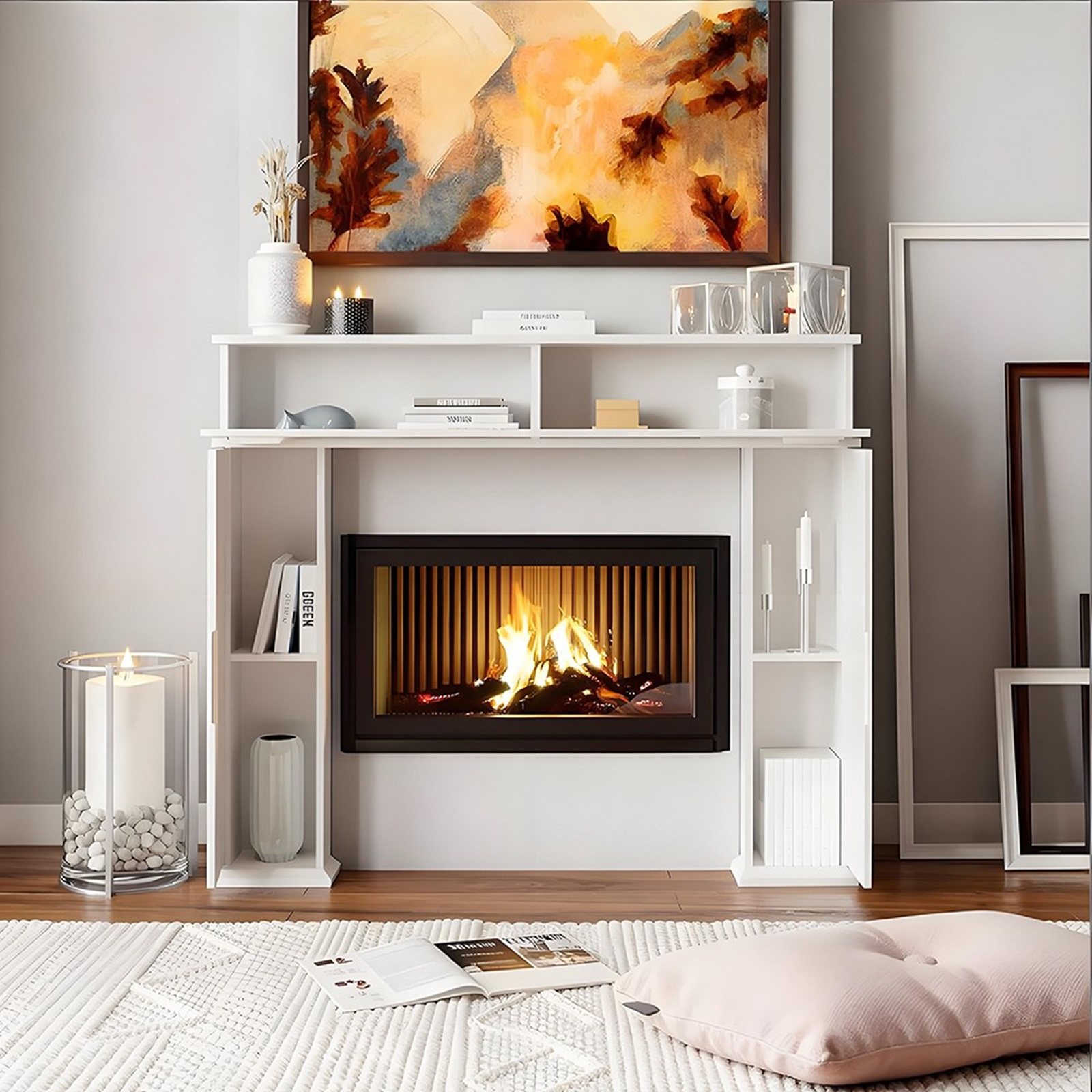 TEMU Wooden White Fireplace Surround Mantelpiece Storage Cabinet Shelves Unit Stand