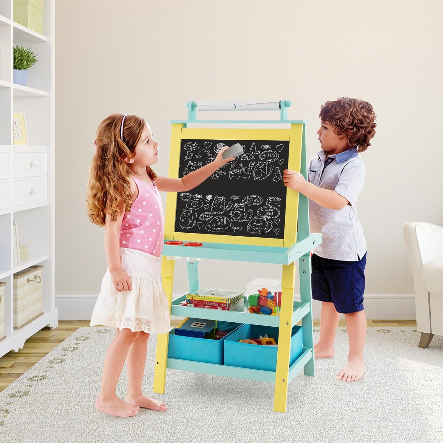 Kids Art Easel, 3 In 1 Easel, W/ Whiteboard, Chalkboard & Paper Roll, 2-tier Rack W/ 2 Storage Boxes, Large Capacity Tool Tray For Toddlers