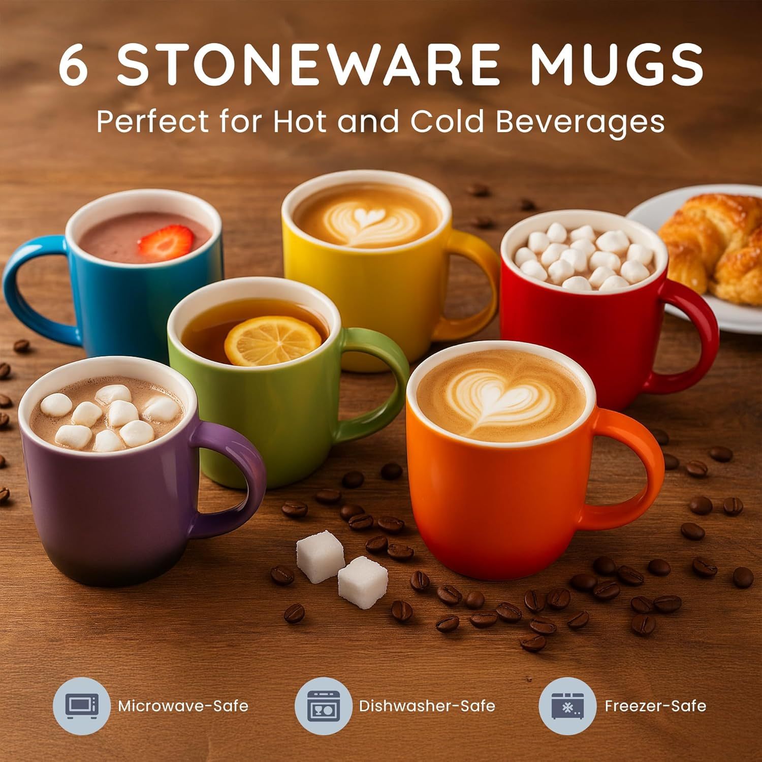 TEMU Cuqoo Colorful Stoneware Mugs Set Of 6 – Ceramic Coffee And Tea Cup Set | Durable Everyday Mugs For Hot Drinks, Dishwasher And Microwave Safe