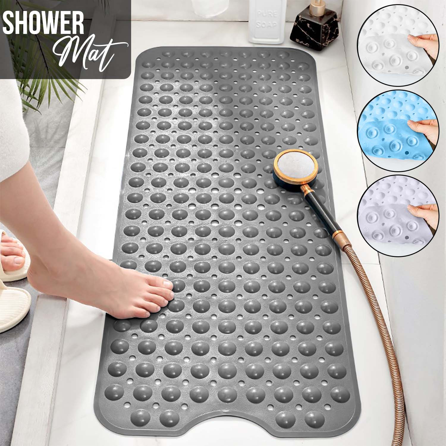 1pc large shower mat non slip strong suction cups drain holes quick dry machine washable durable comfortable for bathtub and bathroom floor use