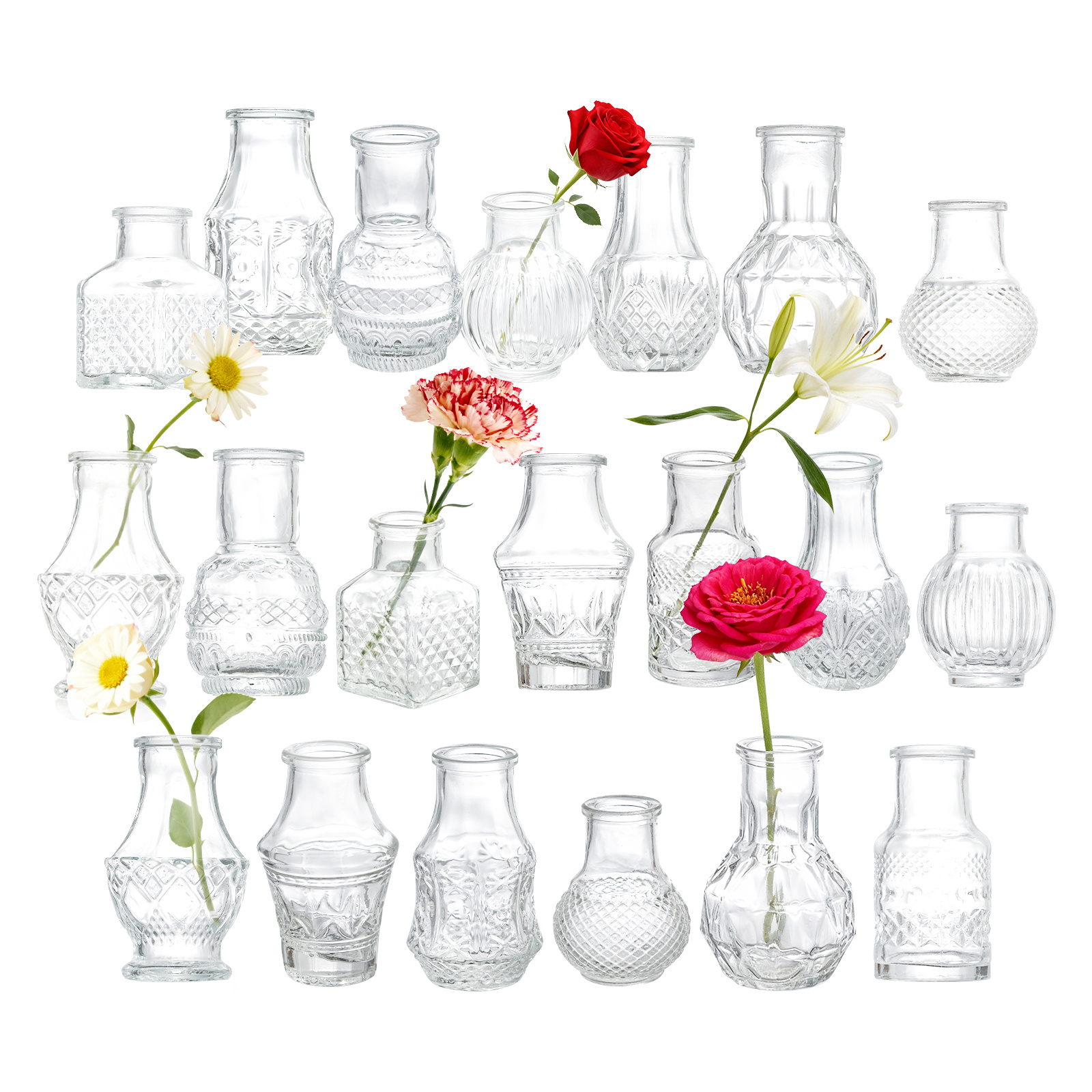 Image of Glass Bud Vases Set Of 20, Small Diamond Bud Vases In Bulk, Mini Flowers Vases For Centerpieces, Vintage Bottle For Table Decorations, Wedding Decor, Recepetion, Home, (clear)