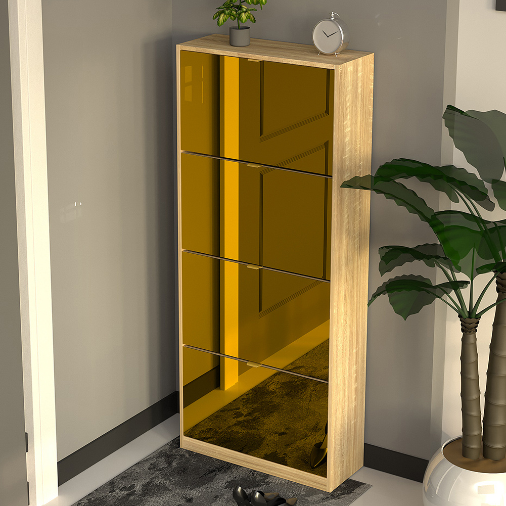 Bakaji Shoe Rack With 4 Mirror-folding Doors, Shoe Rack With Folding Shelves And Handles, Space- Structure, Ideal For Living Room, Entrance, Lounge, Office 63 X 24 X 150 Cm